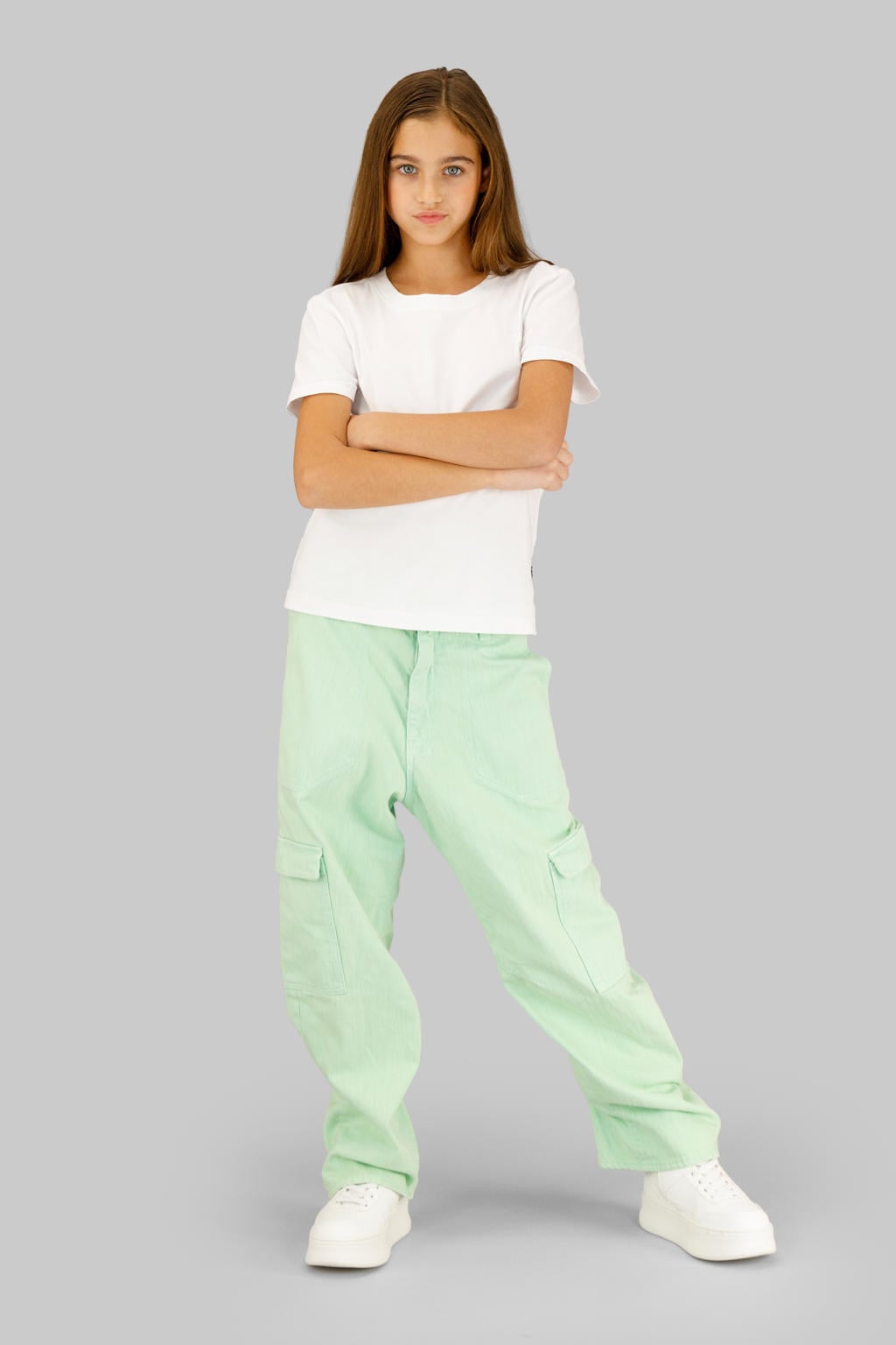 Mintgroene meisjes G-STAR loose cargobroek van stretchkatoen met high waist, rits- en knoopsluiting en effen