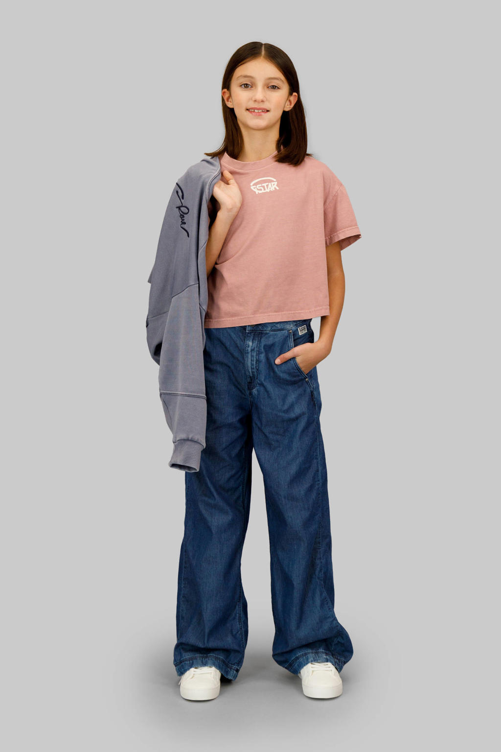 Medium blue denim meisjes G-STAR loose fit high waist wide leg jeans van denim met effen