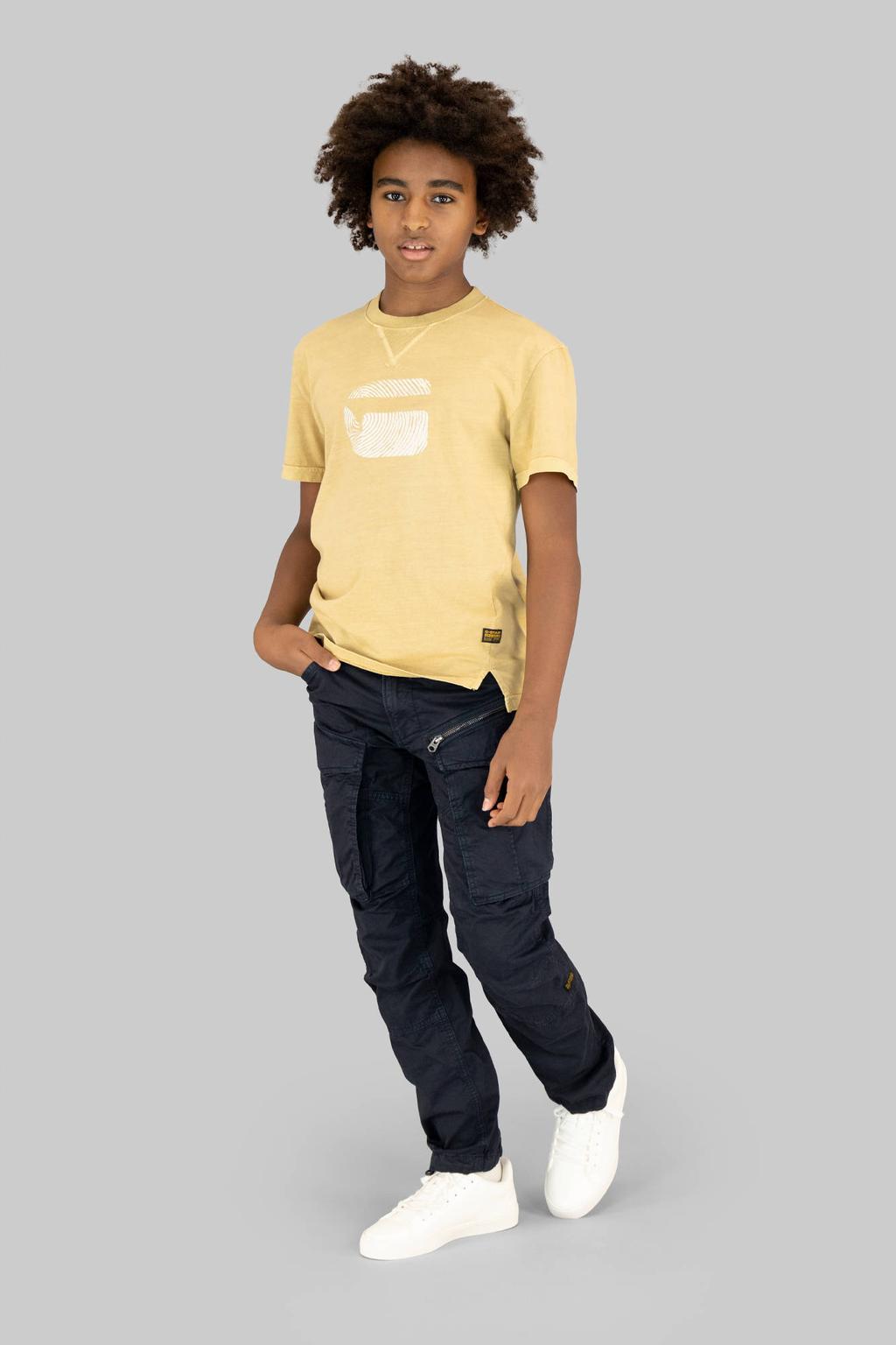 Donkerblauwe jongens G-STAR tapered cargobroek van stretchkatoen met low waist, rits- en knoopsluiting en effen