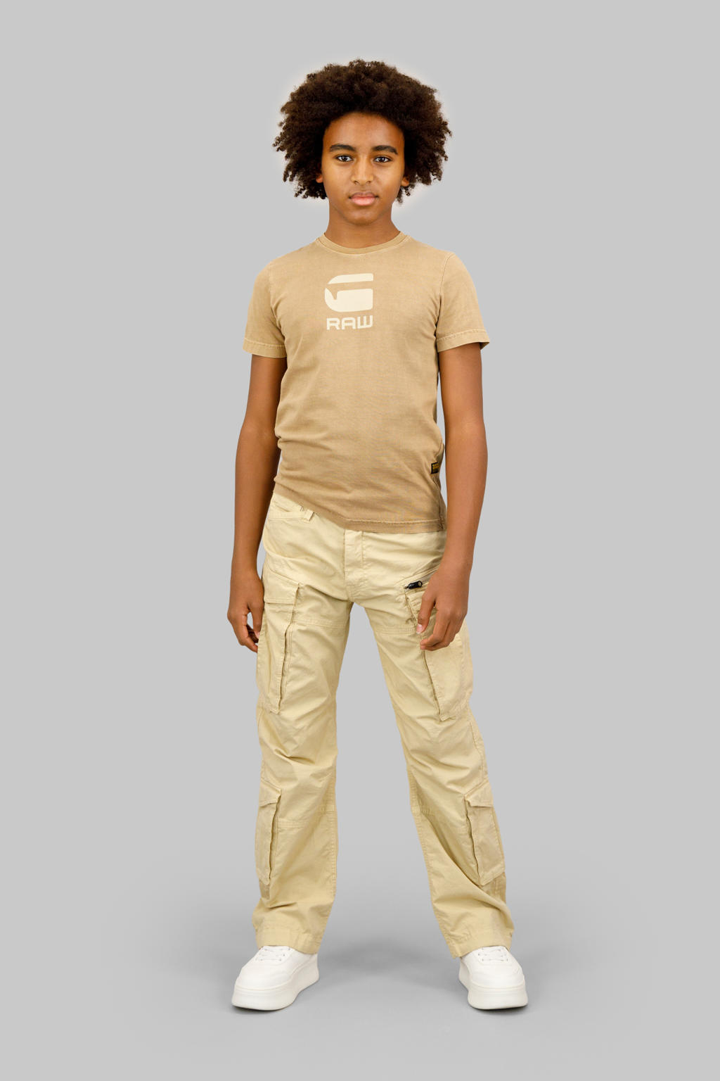 Kakikleurige jongens G-STAR loose cargobroek van stretchkatoen met high waist, rits- en knoopsluiting en effen