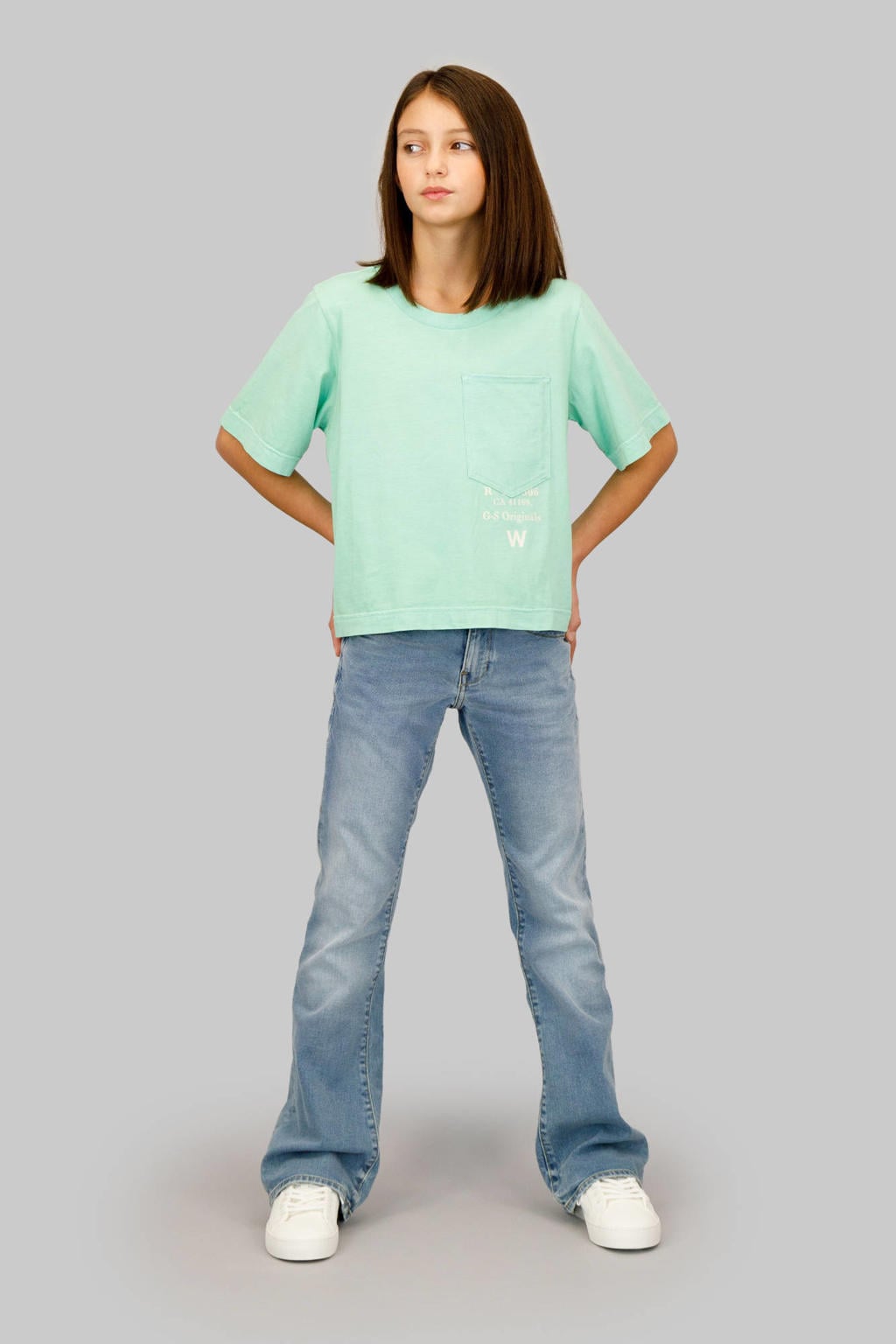 Medium blue denim meisjes G-STAR bootcut low waist flared jeans van denim met effen en rits- en knoopsluiting
