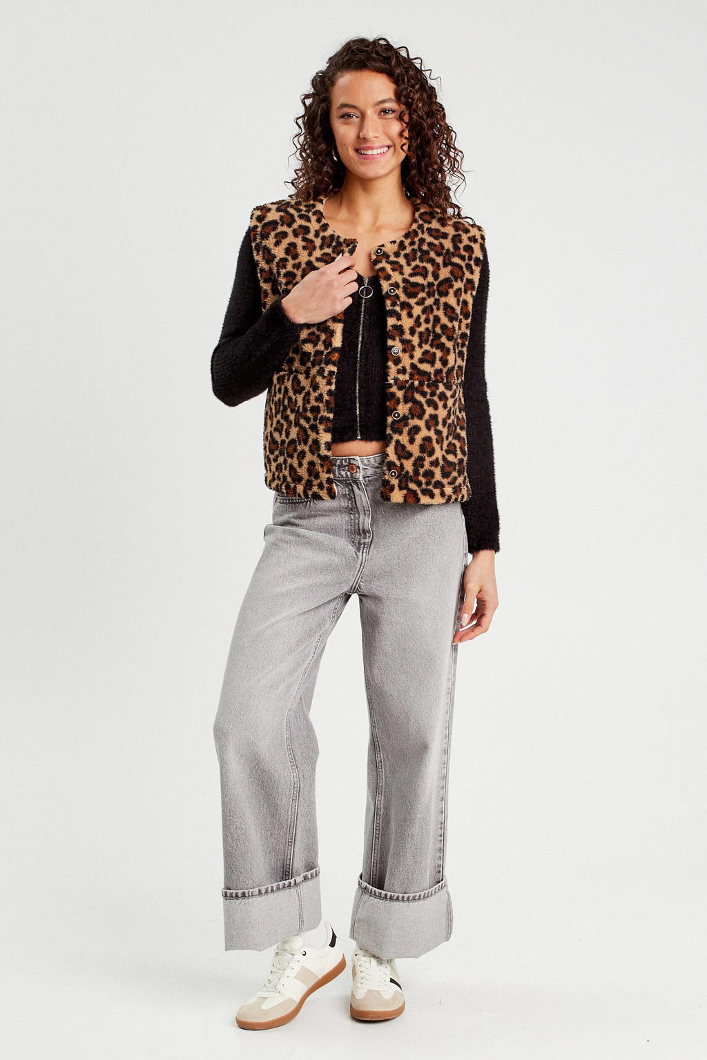 Zwarte dames Cache Cache gebreid vest van polyamide met effen, lange mouwen, V-hals, ritssluiting en textuur
