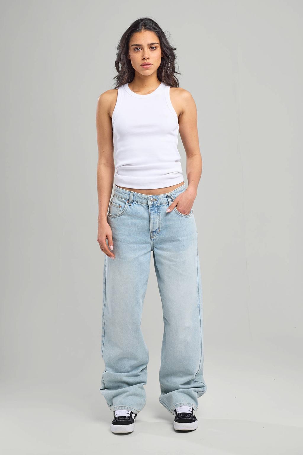 Light blue denim dames America Today low waist oversized jeans van denim met ritssluiting en effen