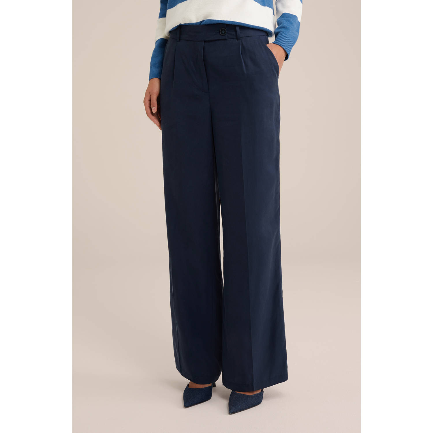 WE Fashion wide leg high waist casual broek donkerblauw