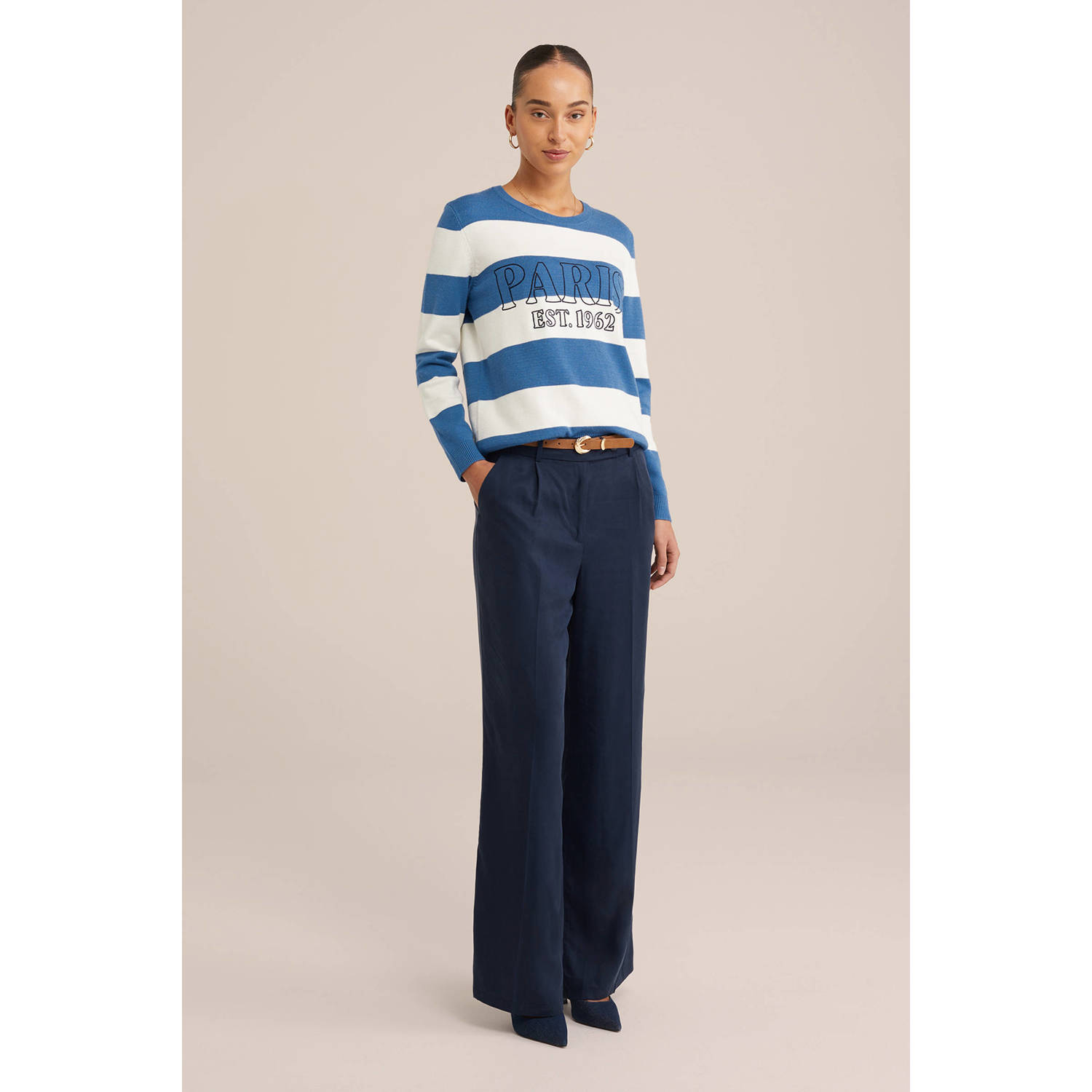 WE Fashion wide leg high waist casual broek donkerblauw