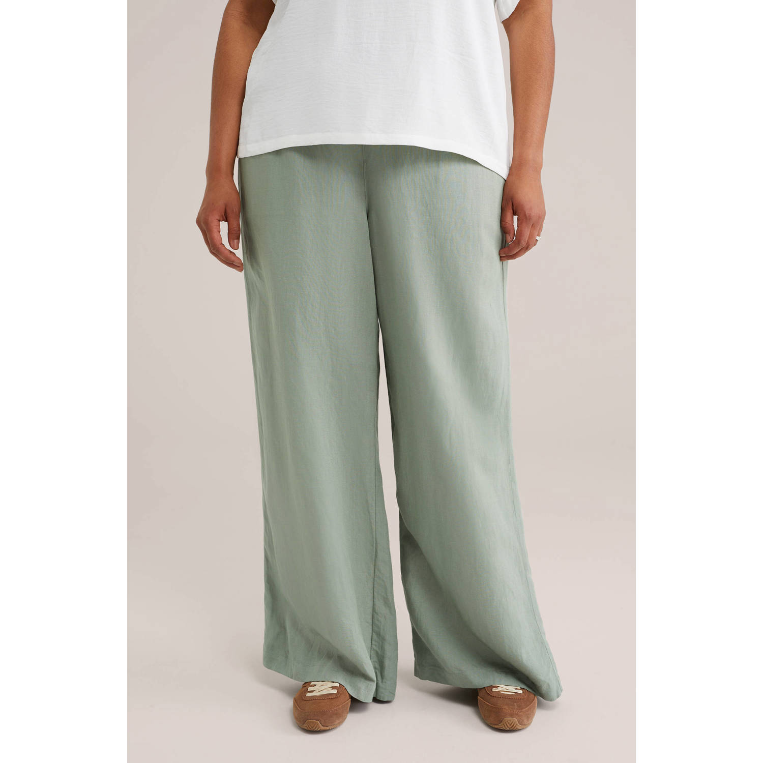 WE Fashion Curve linnen wide leg high waist casual broek lichtgroen