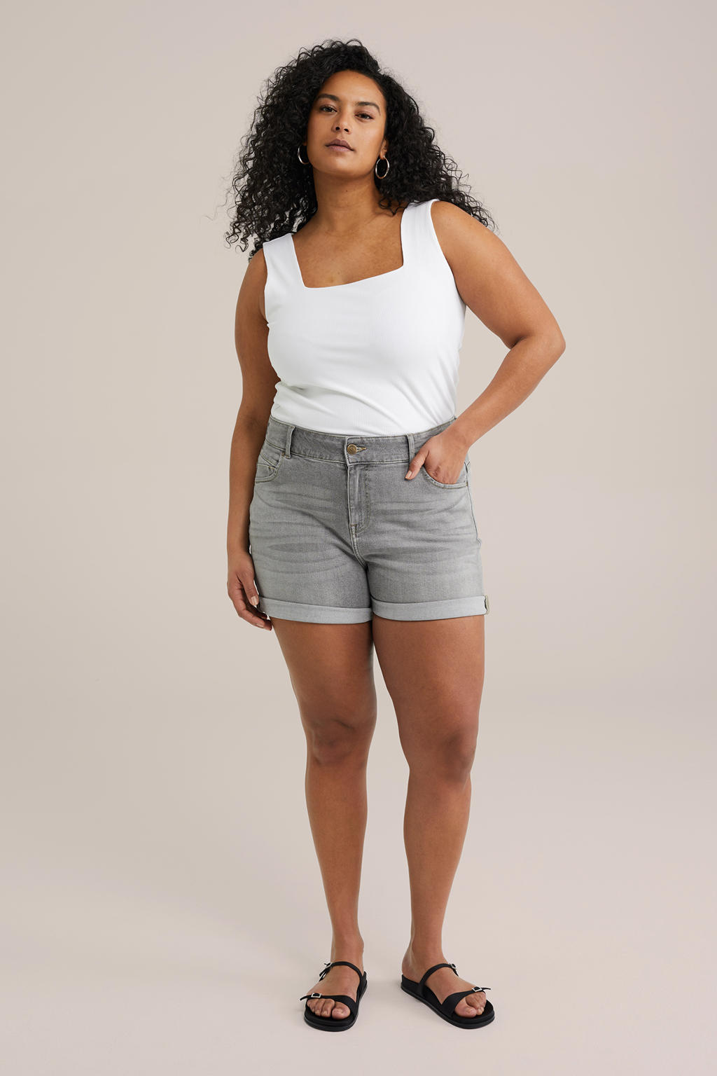 Grey denim dames WE Fashion Curve slim regular waist short van denim met effen
