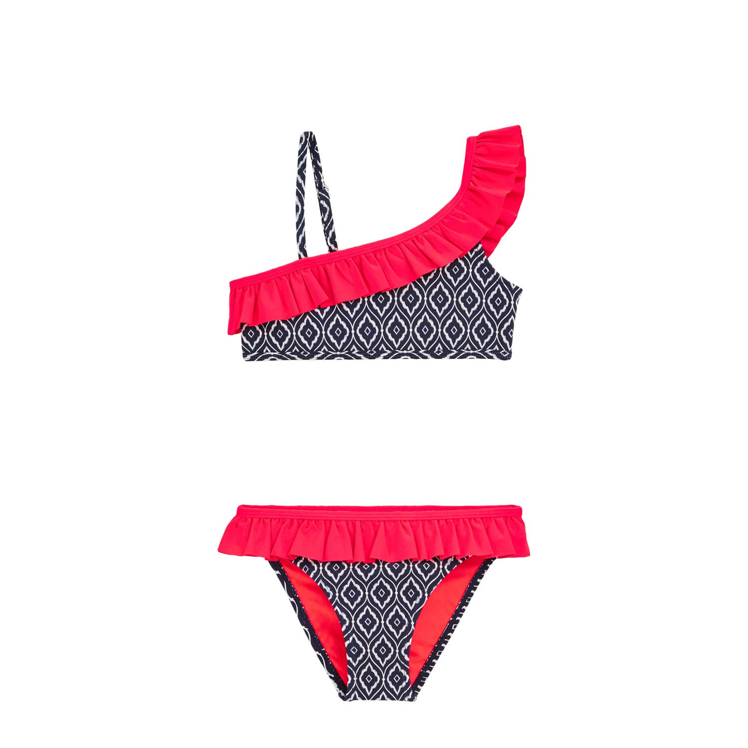 WE Fashion Bikini off-shoulder donkerblauw wit neon roze