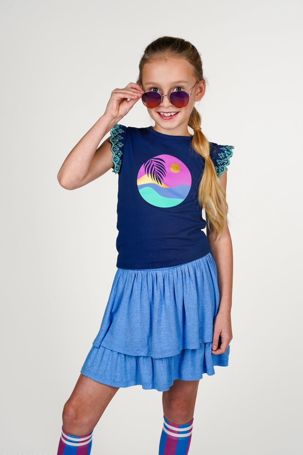 Donkerblauwe meisjes B.Nosy T-shirt broderie van katoen met printopdruk, korte mouwen en ronde hals