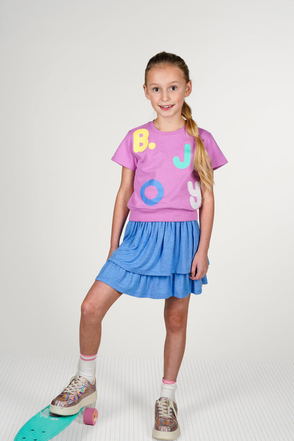 Roze en multikleurige meisjes B.Nosy sweater van katoen met korte mouwen en ronde hals