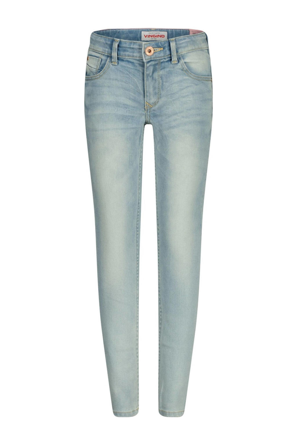 Light blue denim meisjes Vingino regular waist skinny jeans van denim met rits- en knoopsluiting en effen