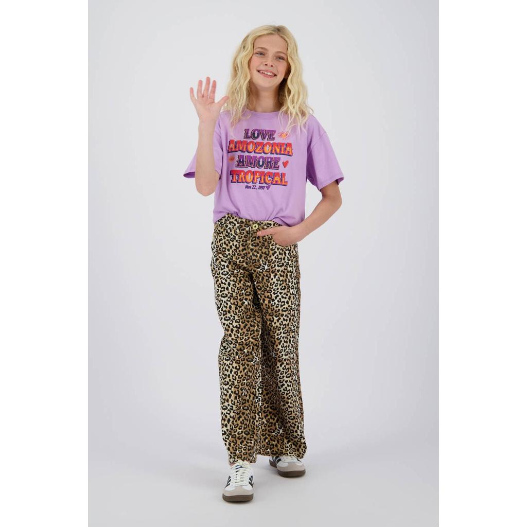 Beige en bruine meisjes Vingino wide leg jeans van denim met rits- en knoopsluiting en dierenprint