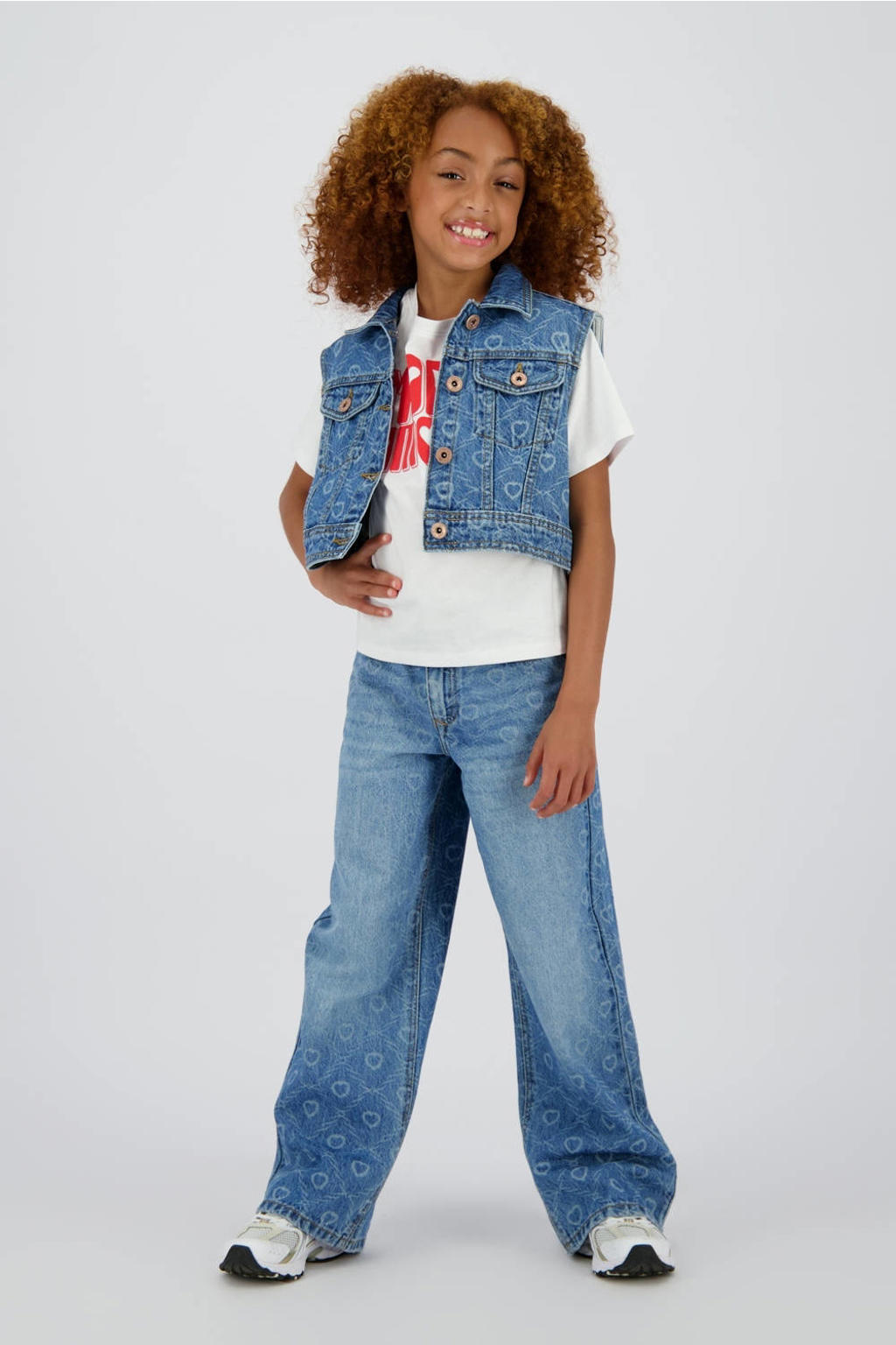 Medium blue denim meisjes Vingino wide leg jeans van denim met rits- en knoopsluiting