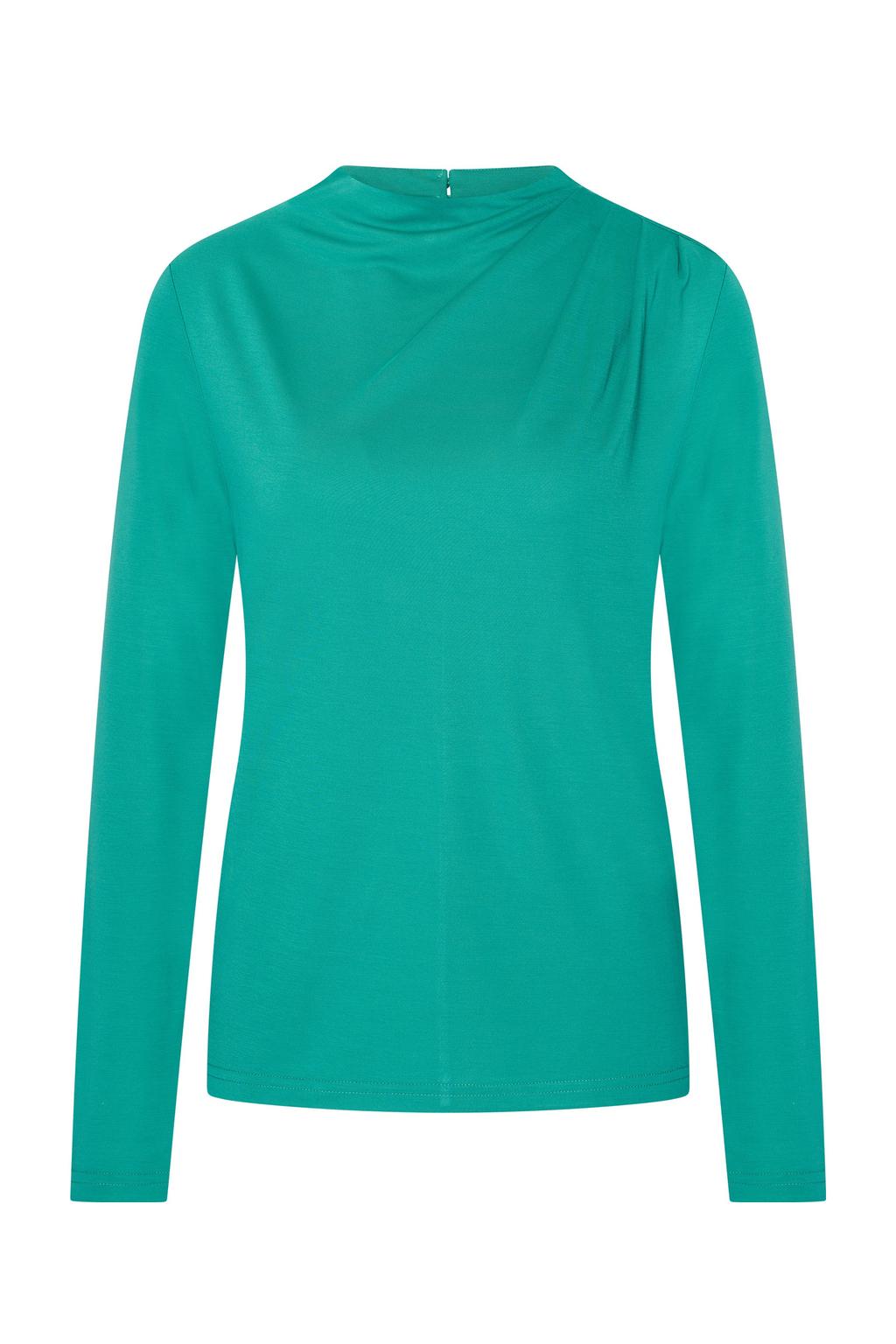 Turquoise dames Expresso top van modal met effen, lange mouwen, ronde hals, blinde ritssluiting en plooien