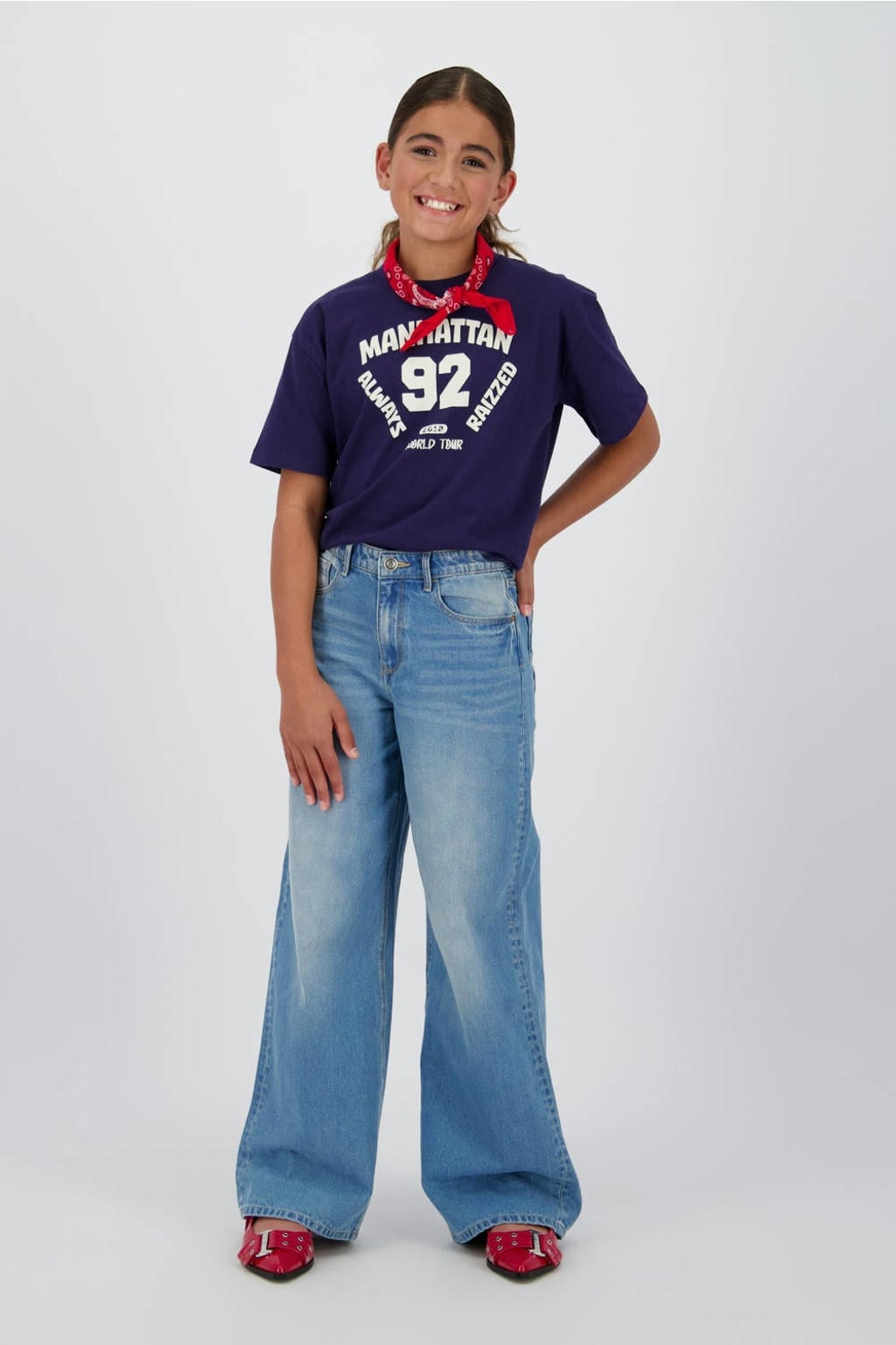 Donkerblauwe meisjes Raizzed T-shirt van katoen met printopdruk, korte mouwen en ronde hals