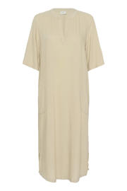 thumbnail: Beige dames Kaffe zomerjurk van linnen met effen, half lange mouwen, V-hals en split