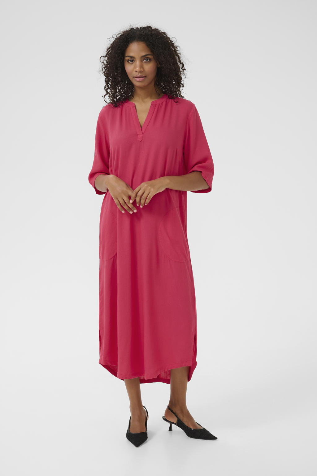 Roze dames Kaffe zomerjurk van linnen met effen, half lange mouwen, V-hals en split