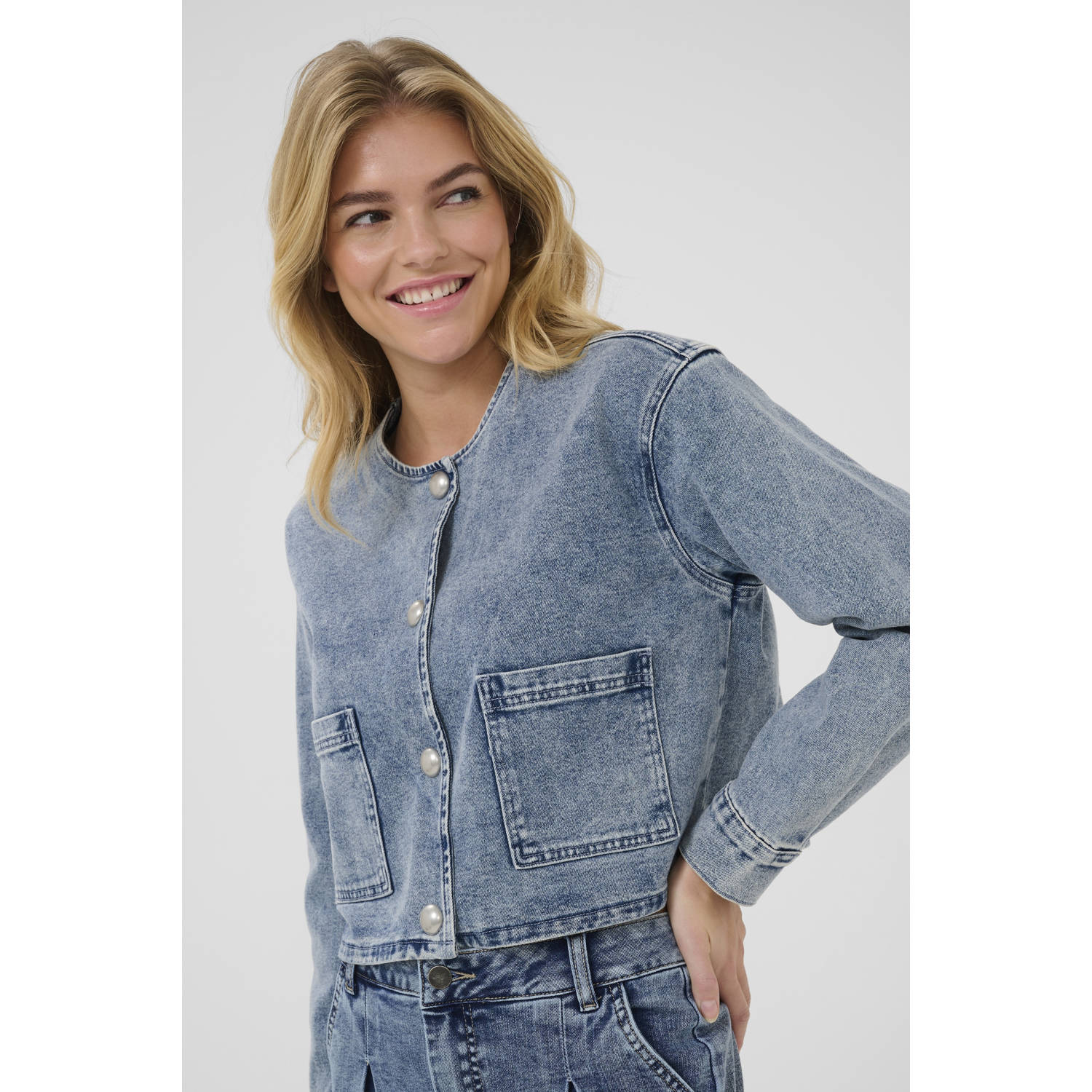 Kaffe Denim Jack Wassen Blauw Cropped Stijl Blue Dames