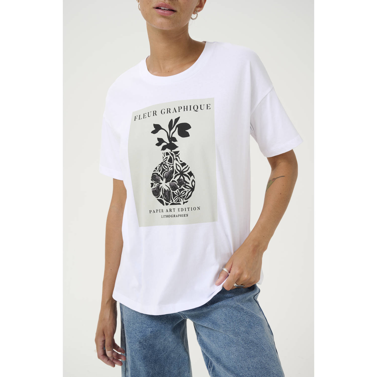 Kaffe Oversized Tee met Slimme Print White Dames