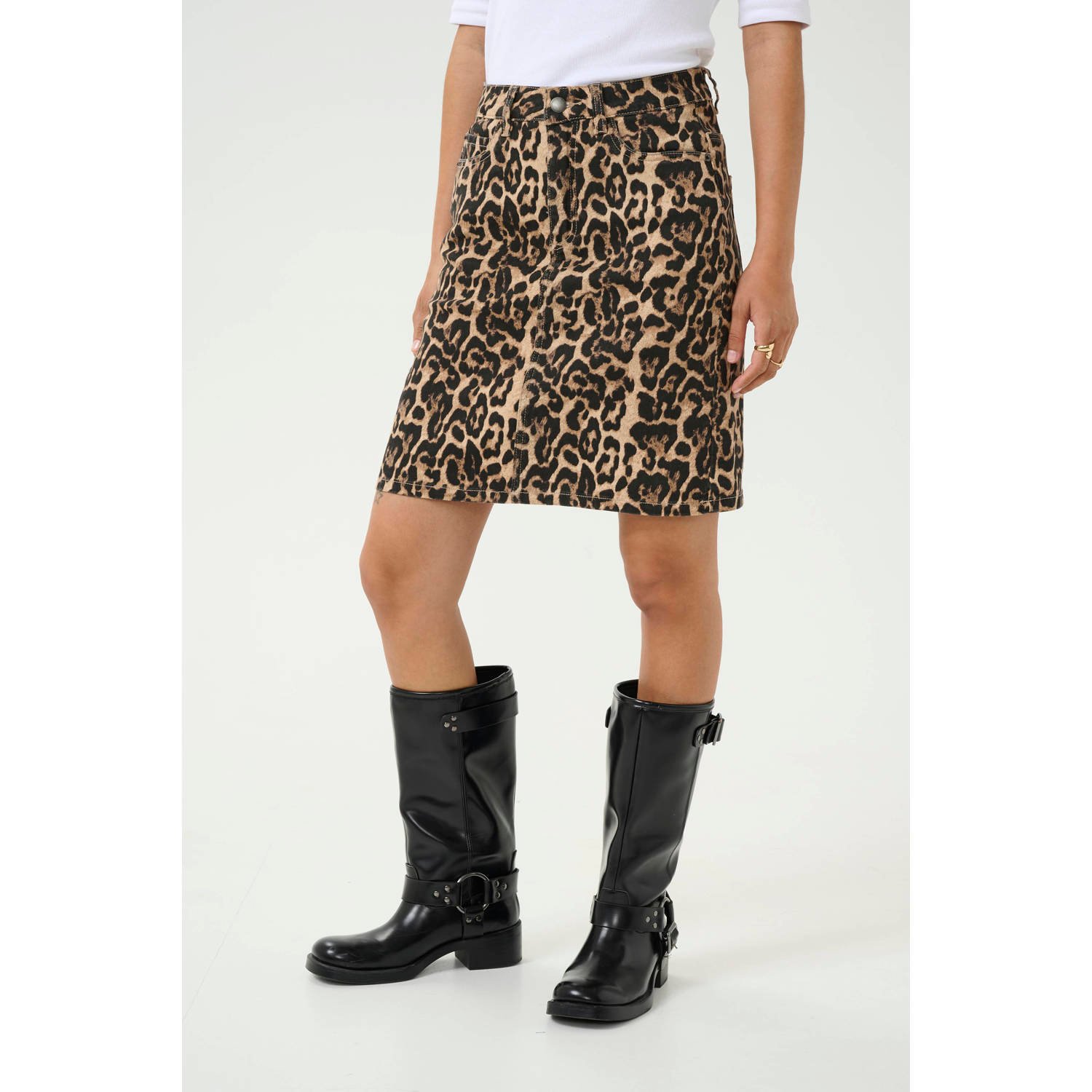 Kaffe Denim Rok met Luipaardprint Brown Dames