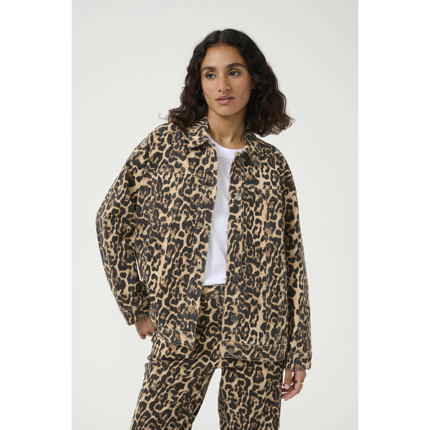 Kaffe Spijkerjasje met Luipaardprint Brown Dames