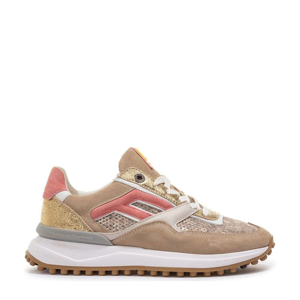 Gouden dames Floris van Bommel Noppi 36.08 leren sneakers van suede print met veters