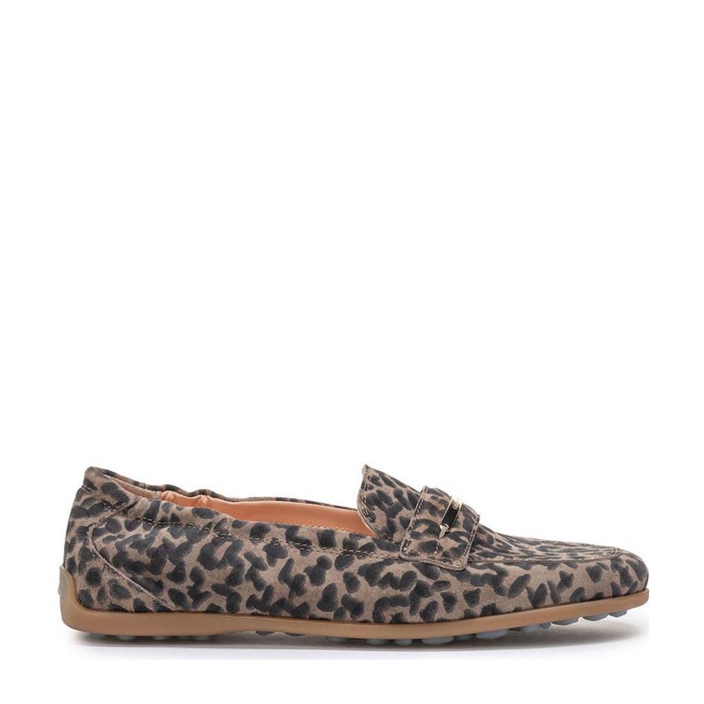 Taupe dames Floris van Bommel Sitti 03.00 suède loafers met panterprint