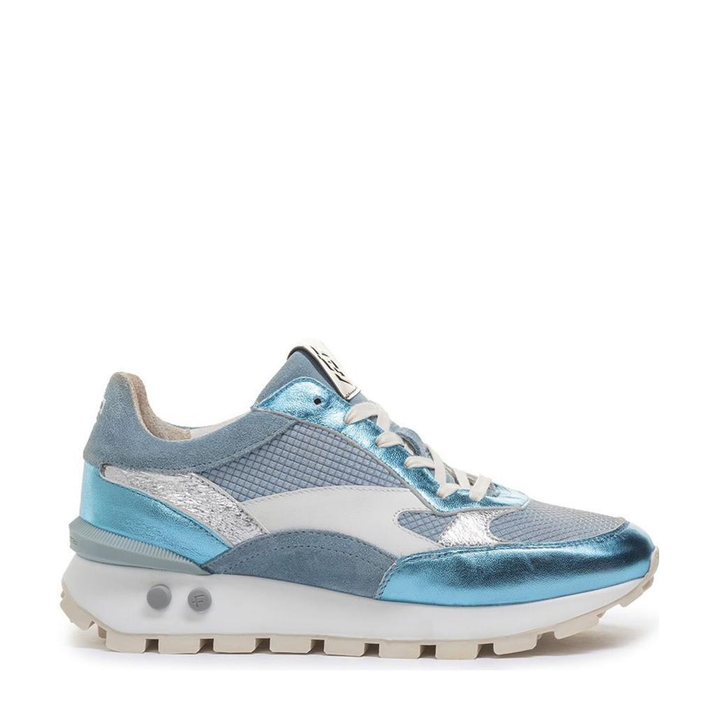 Lichtblauwe dames Floris van Bommel Blokki 04.09 leren sneakers van metallickleurige met veters