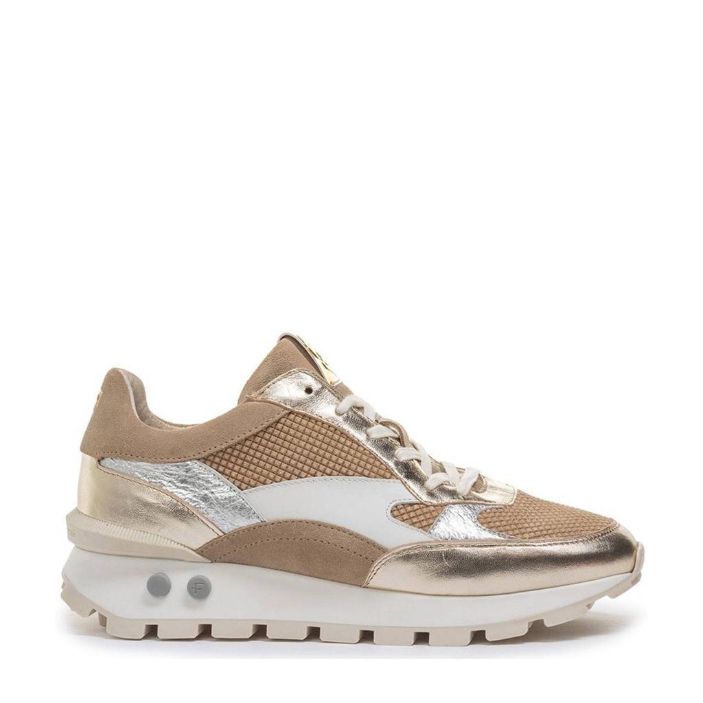 Goud en taupe dames Floris van Bommel Blokki 04.10 leren sneakers van metallickleurige met veters