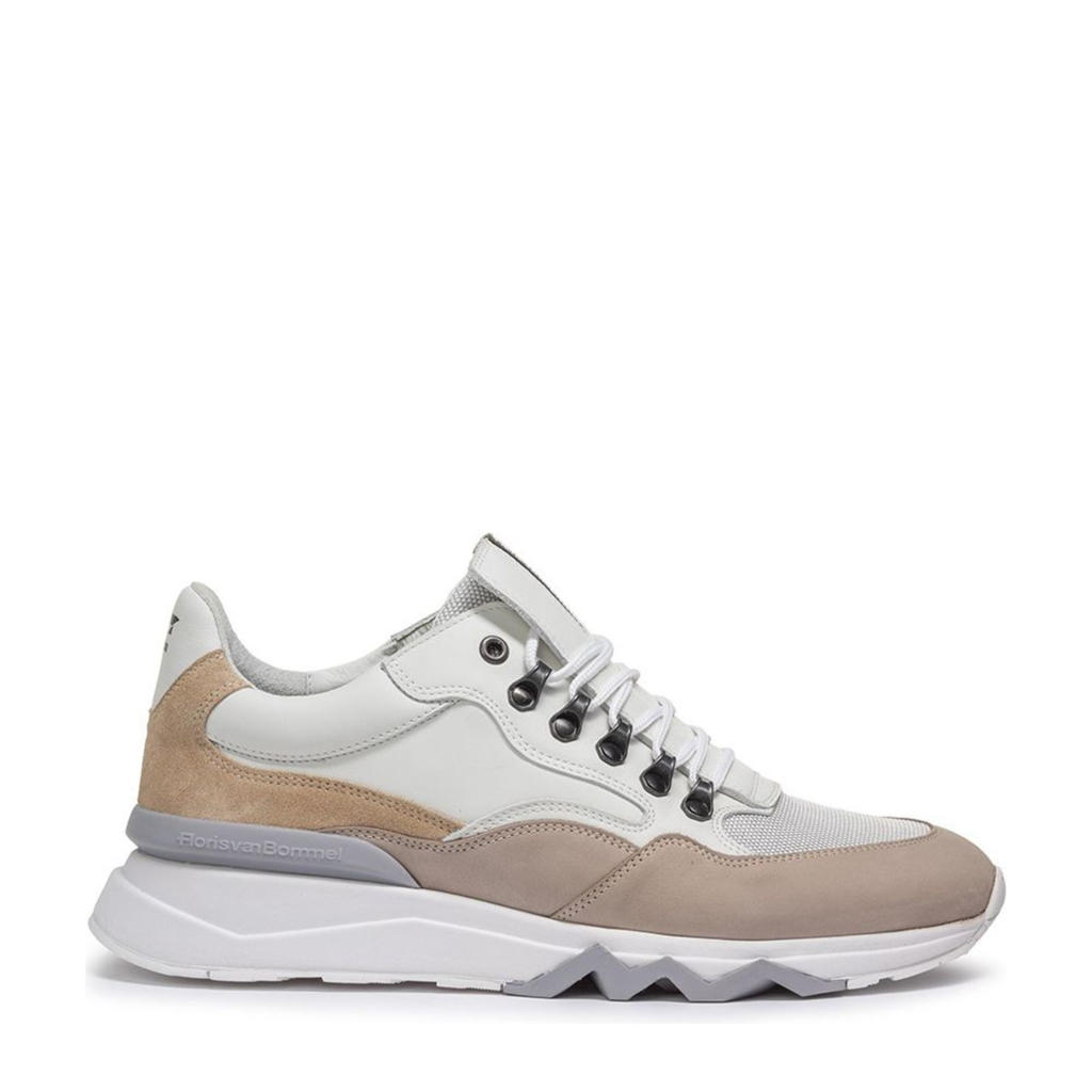 Wit en beige heren Floris van Bommel De Zager 01.23 nubuck sneakers van calf leather met veters