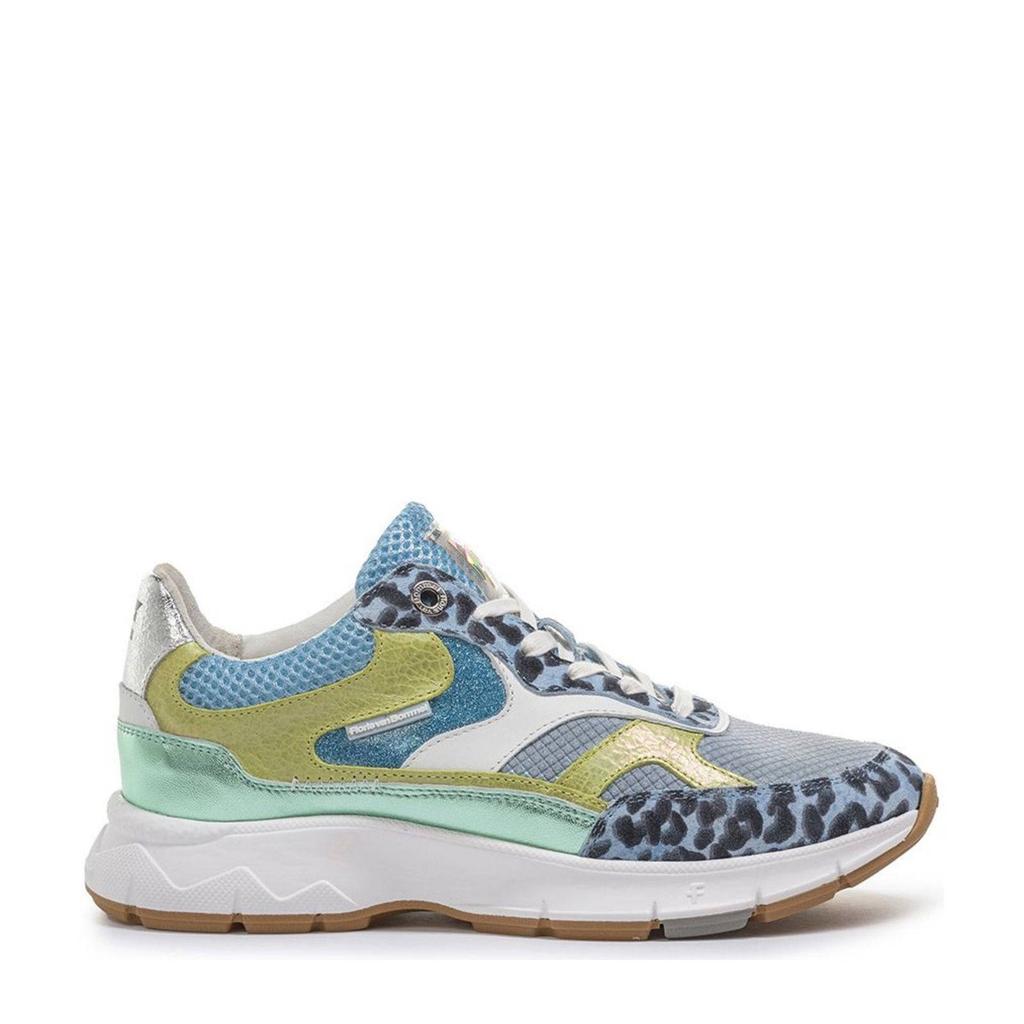 Lichtblauwe dames Floris van Bommel Daysi 03.04 leren sneakers met veters
