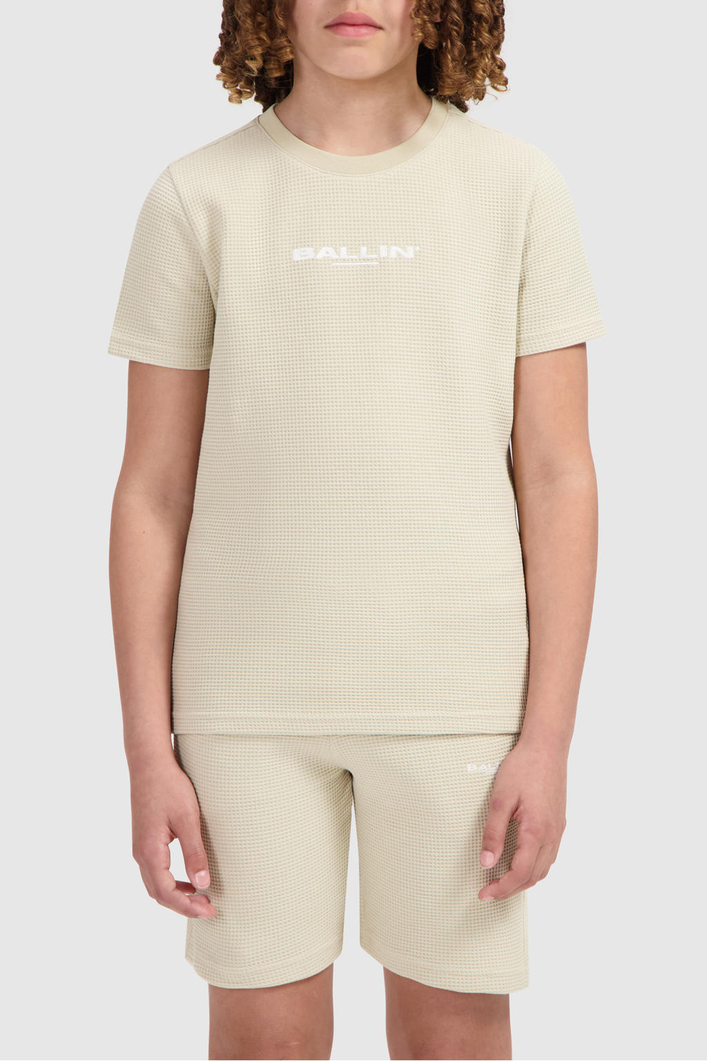 Beige jongens Ballin T-shirt van katoen met logo dessin, korte mouwen, ronde hals en textuur