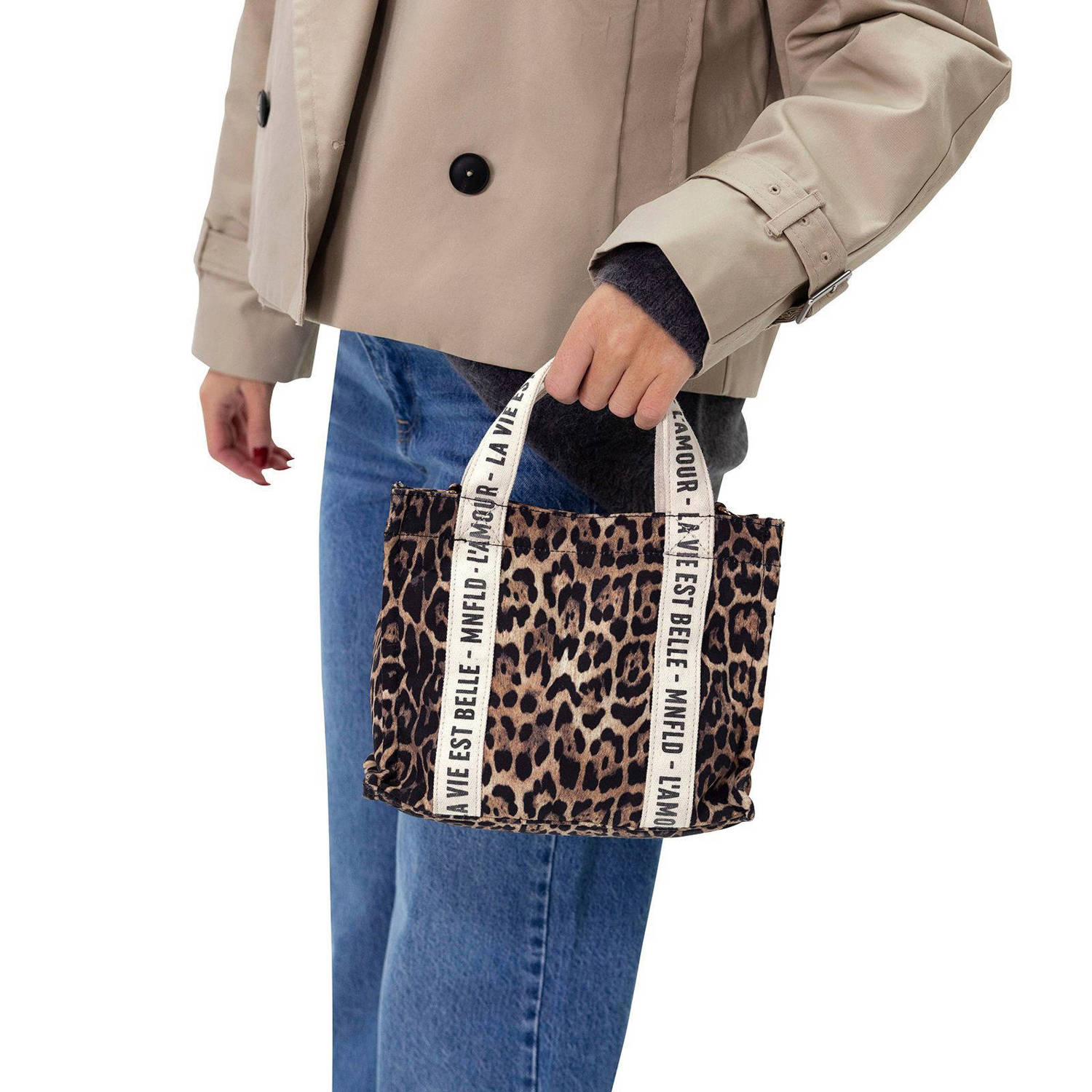 Manfield mini shopper met panterprint bruin