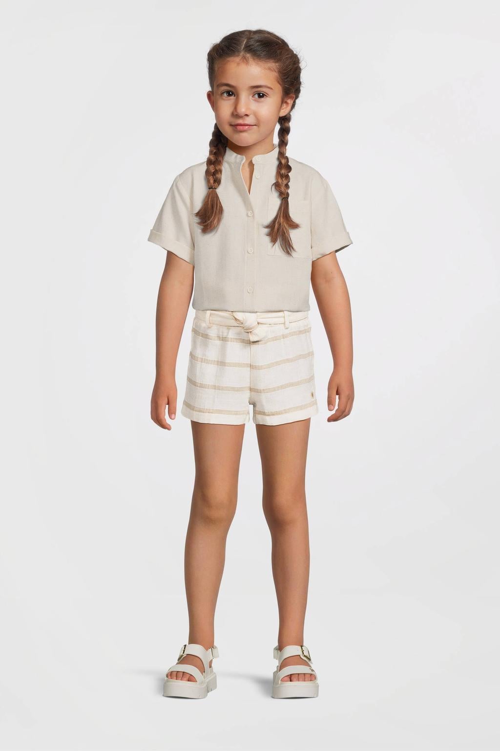 Ecru en beige meisjes LEVV regular casual short van katoen met elastische tailleband met koord en strepenprint