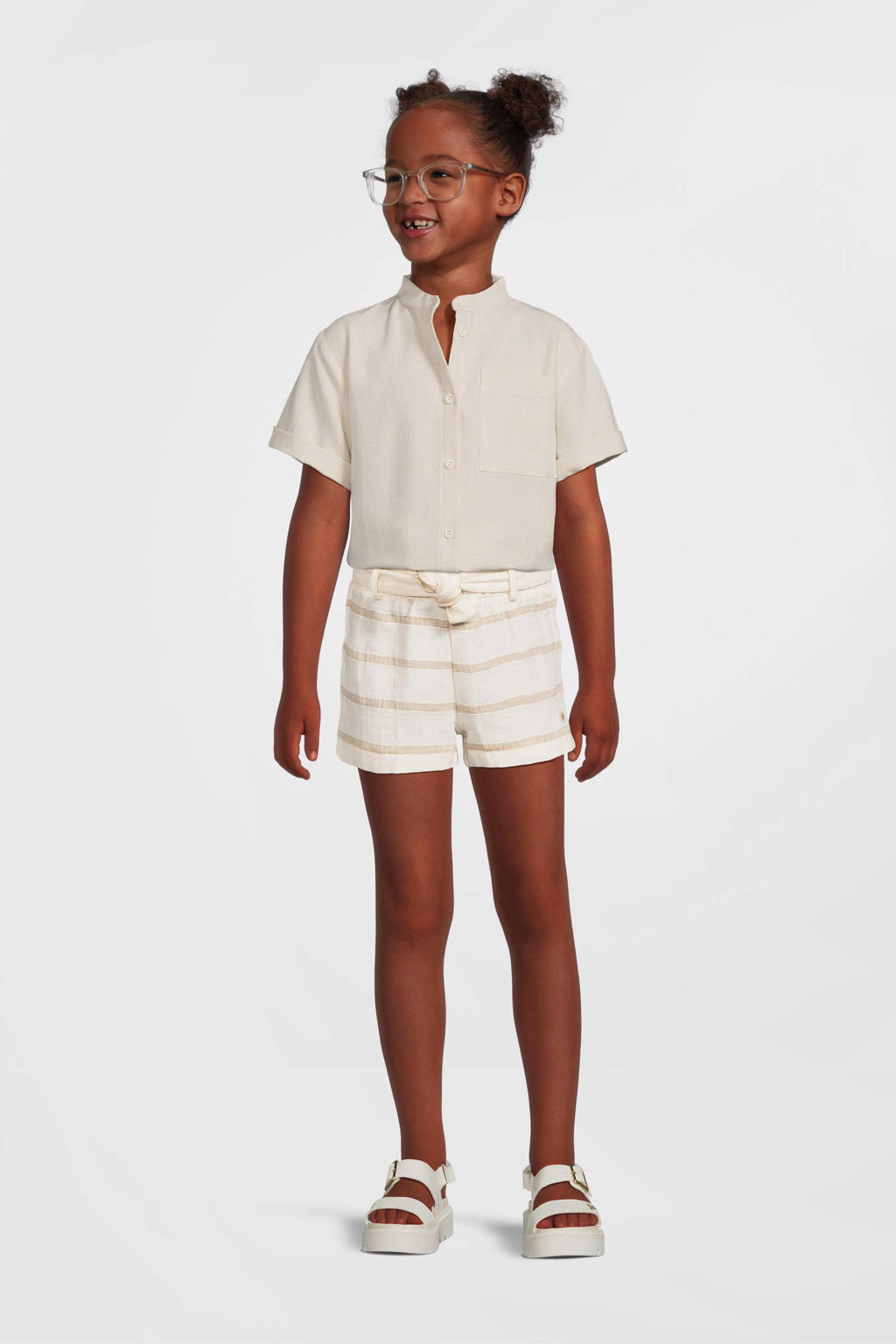 Ecru meisjes LEVV T-shirt van viscose met effen, korte mouwen, opstaande kraag en knoopsluiting
