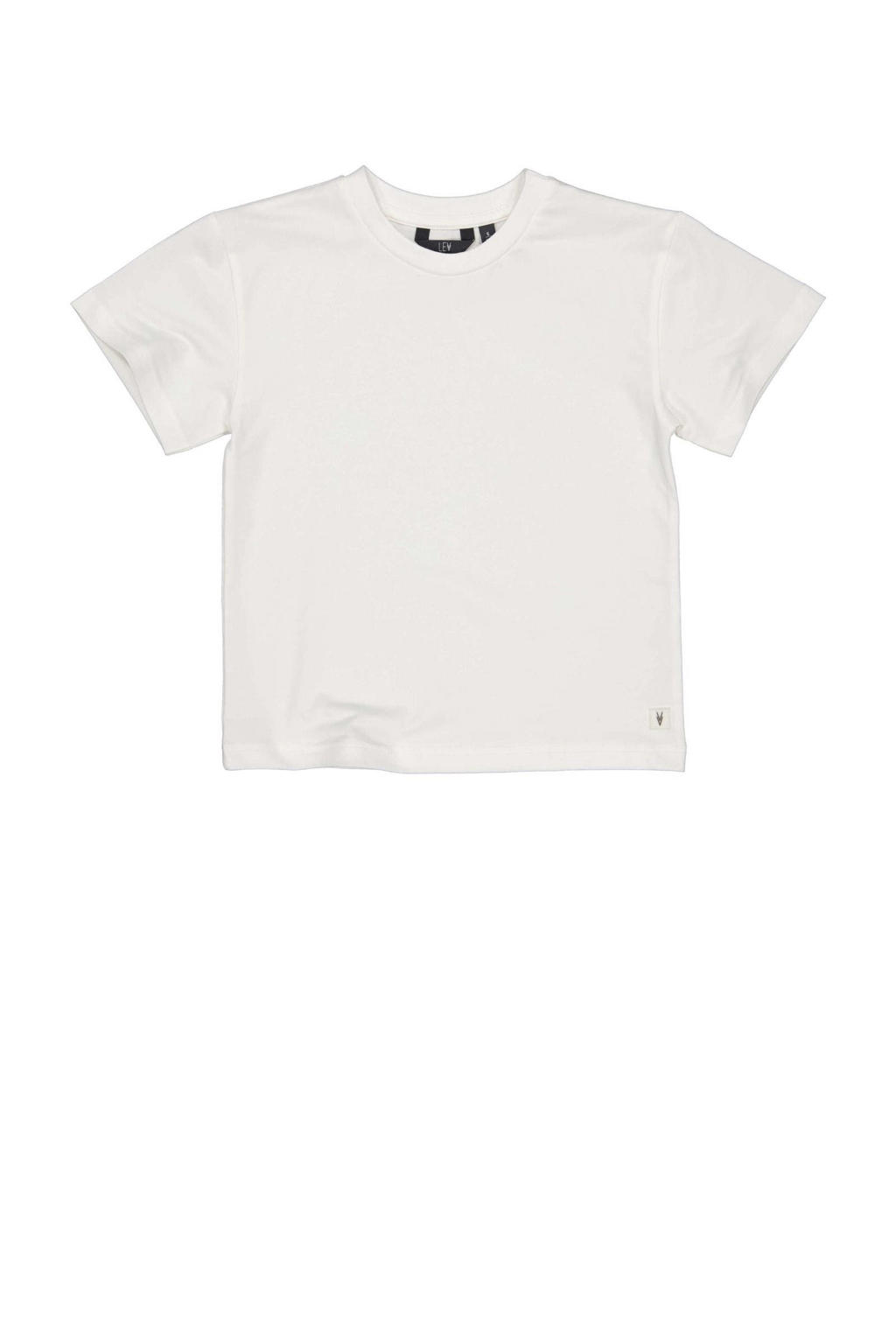 Ecru en beige jongens LEVV Little T-shirt van stretchkatoen met effen, korte mouwen en ronde hals