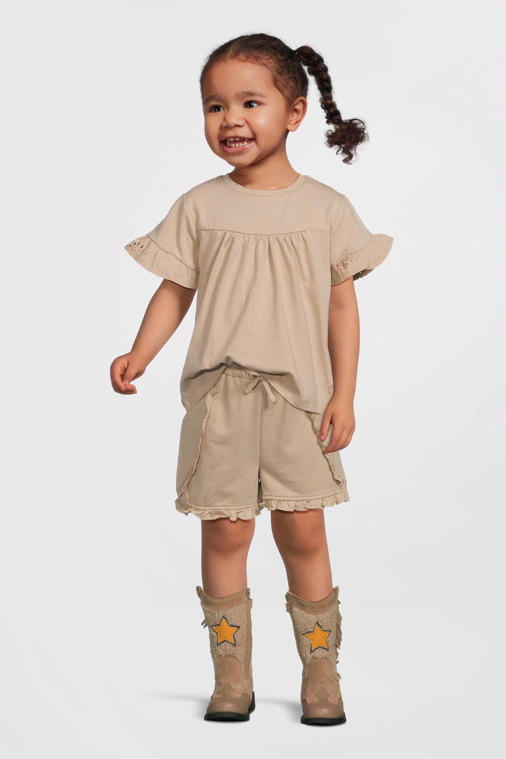 Beige meisjes LEVV Little van stretchkatoen met effen, korte mouwen, ronde hals en plooien