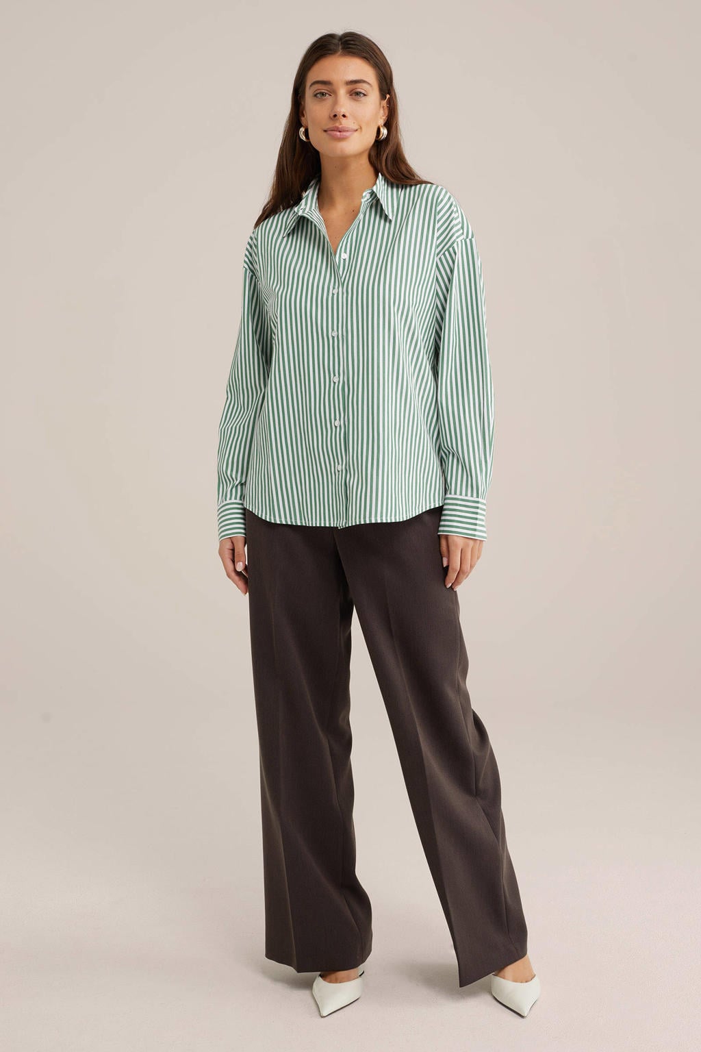 Groen en ecru dames WE Fashion gestreepte blouse van polyester met lange mouwen, klassieke kraag en knoopsluiting