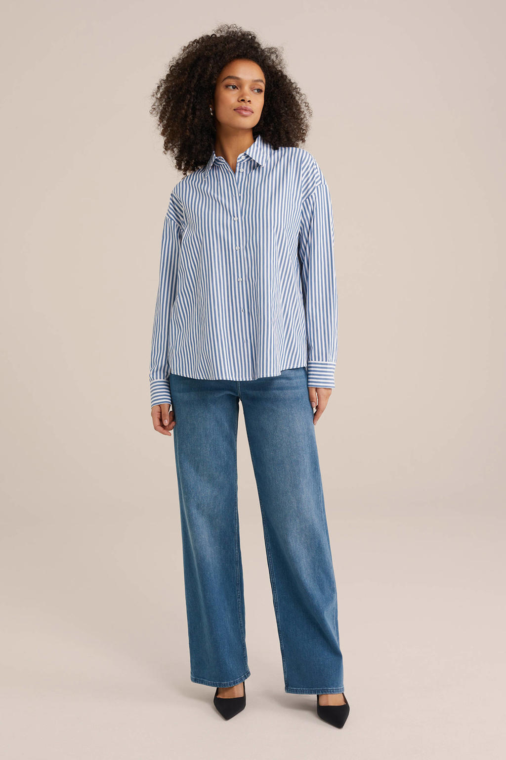 Blauwe dames WE Fashion gestreepte blouse van polyester met lange mouwen, klassieke kraag en knoopsluiting