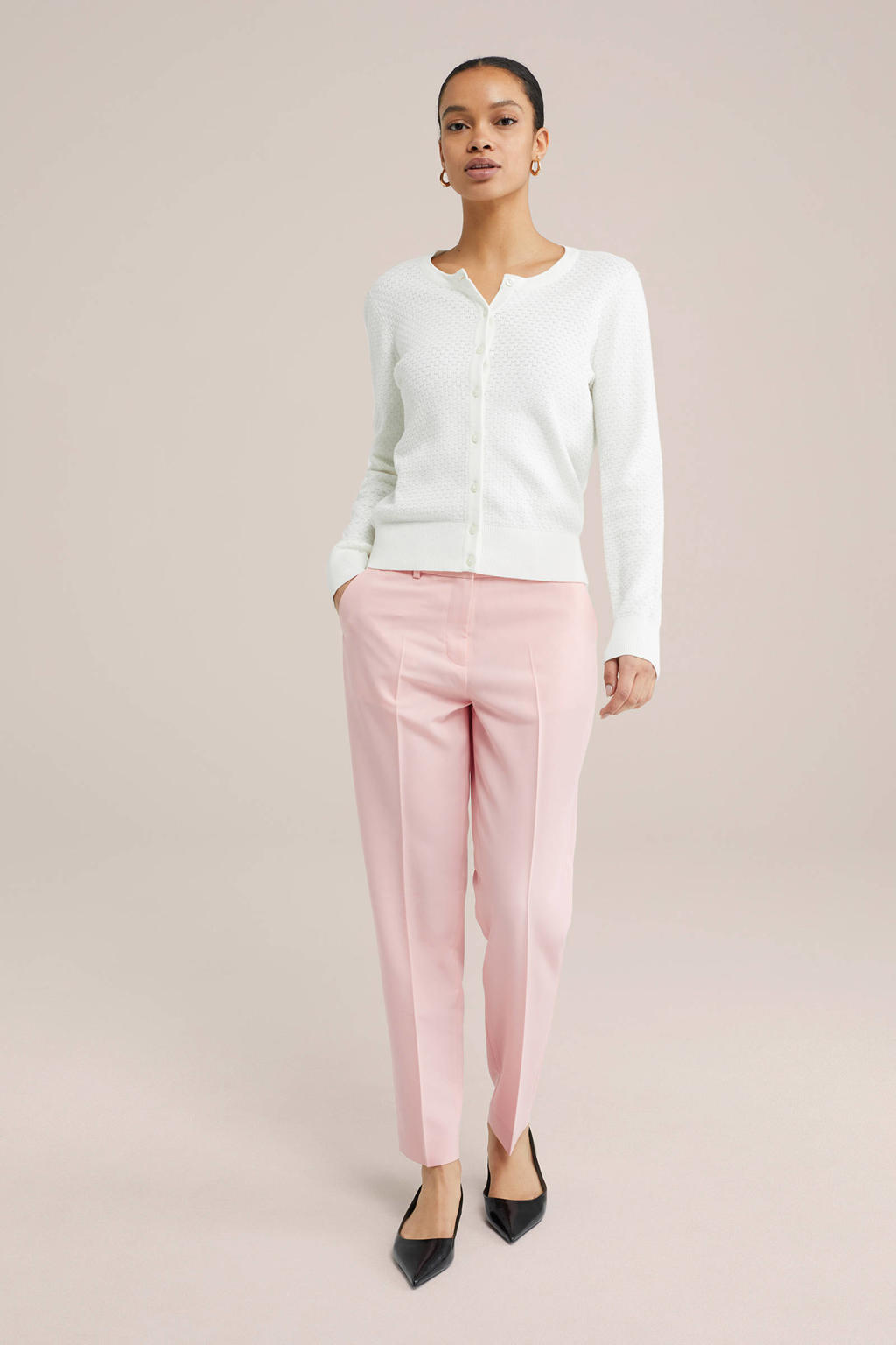 Lichtroze dames WE Fashion tapered regular waist pantalon van polyester met rits, haak- en knoopsluiting en effen