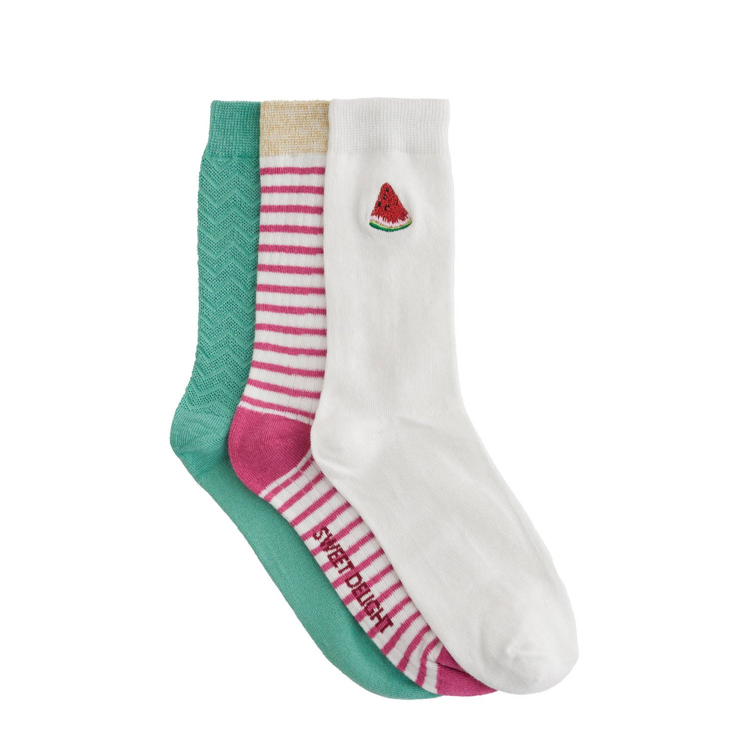WE Fashion sokken set van 3 groen roze