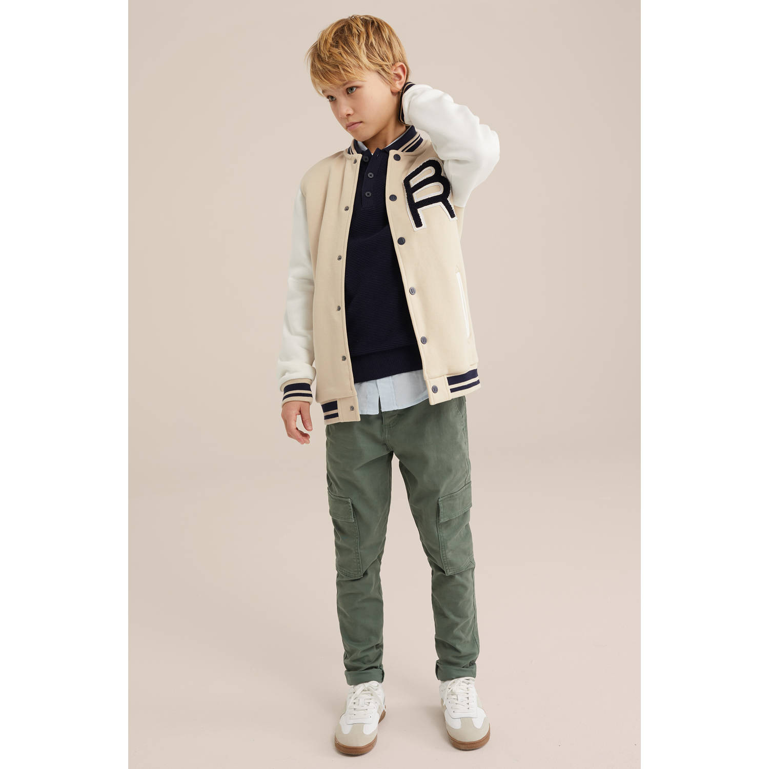 WE Fashion Blue Ridge bomberjack wit beige donkerblauw