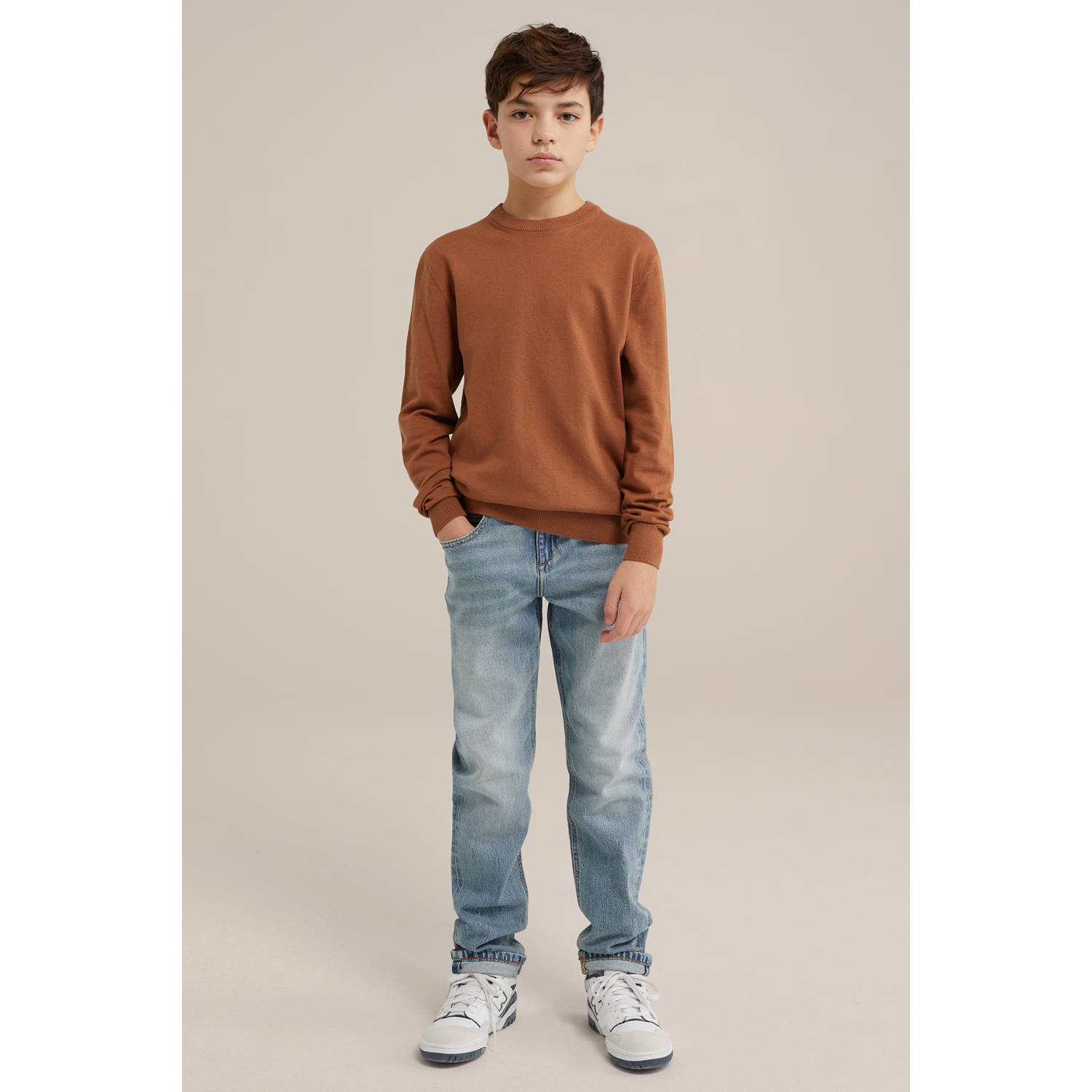 WE Fashion Blue Ridge fijn gebreide trui lichtbruin