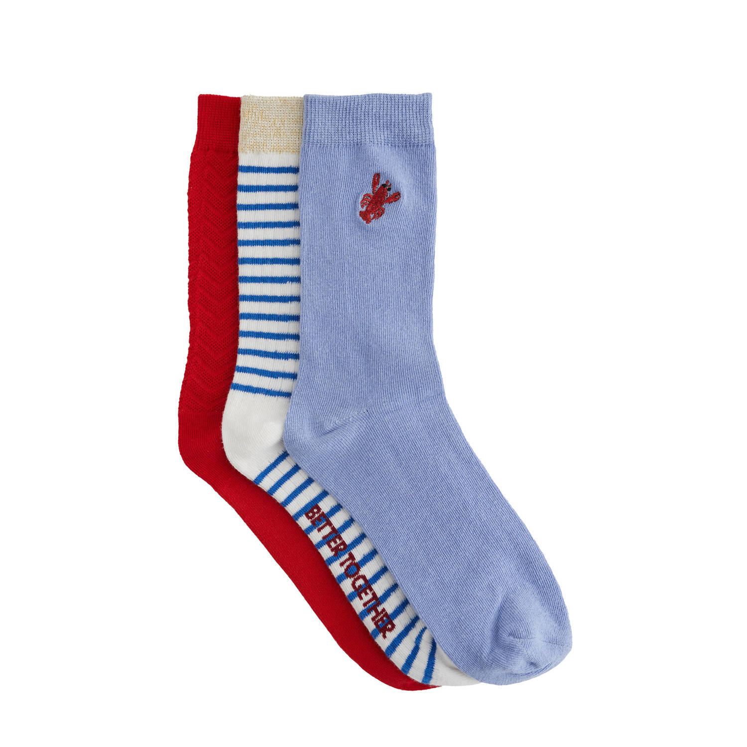 WE Fashion sokken set van 3 blauw rood