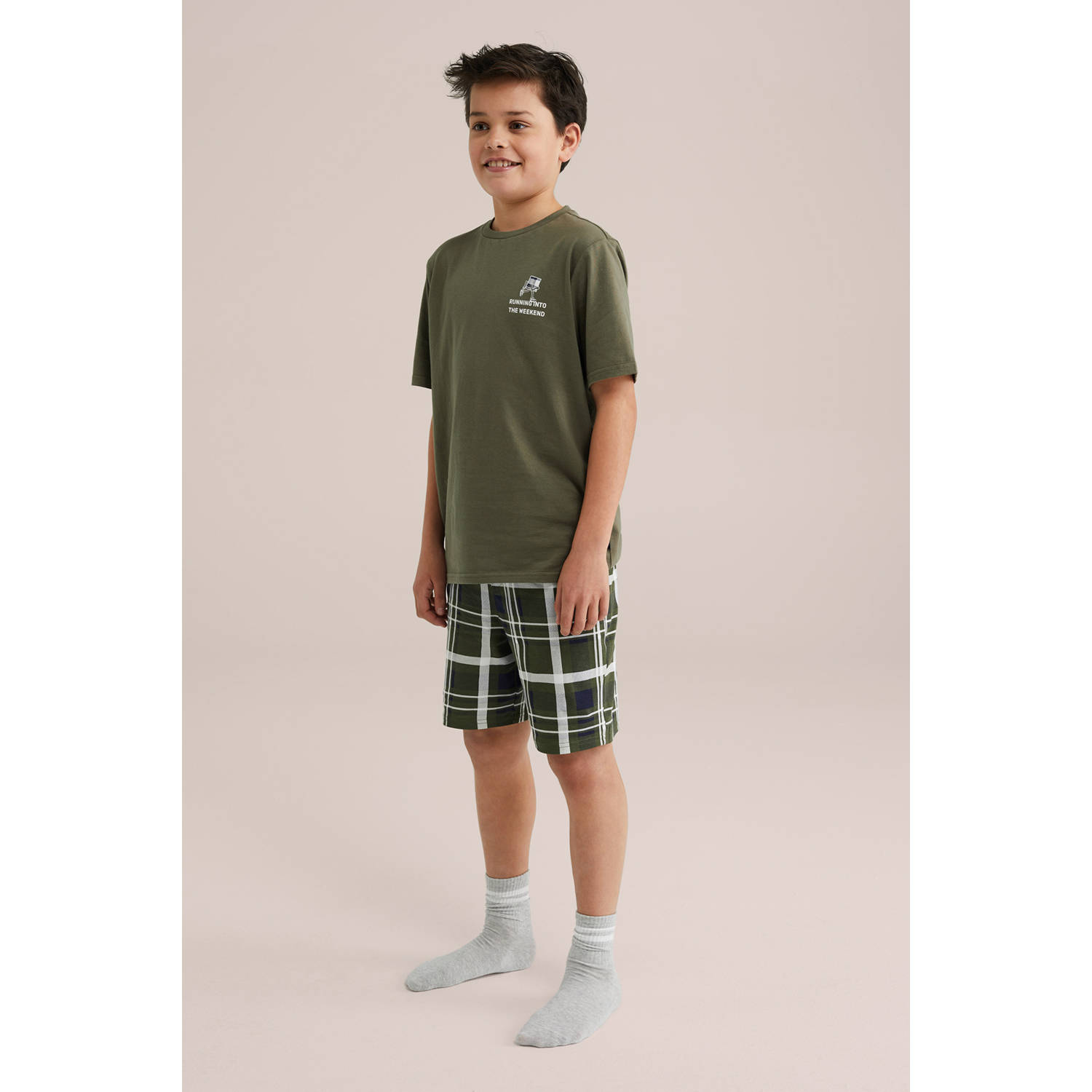 WE Fashion shortama kaki donkergroen wit