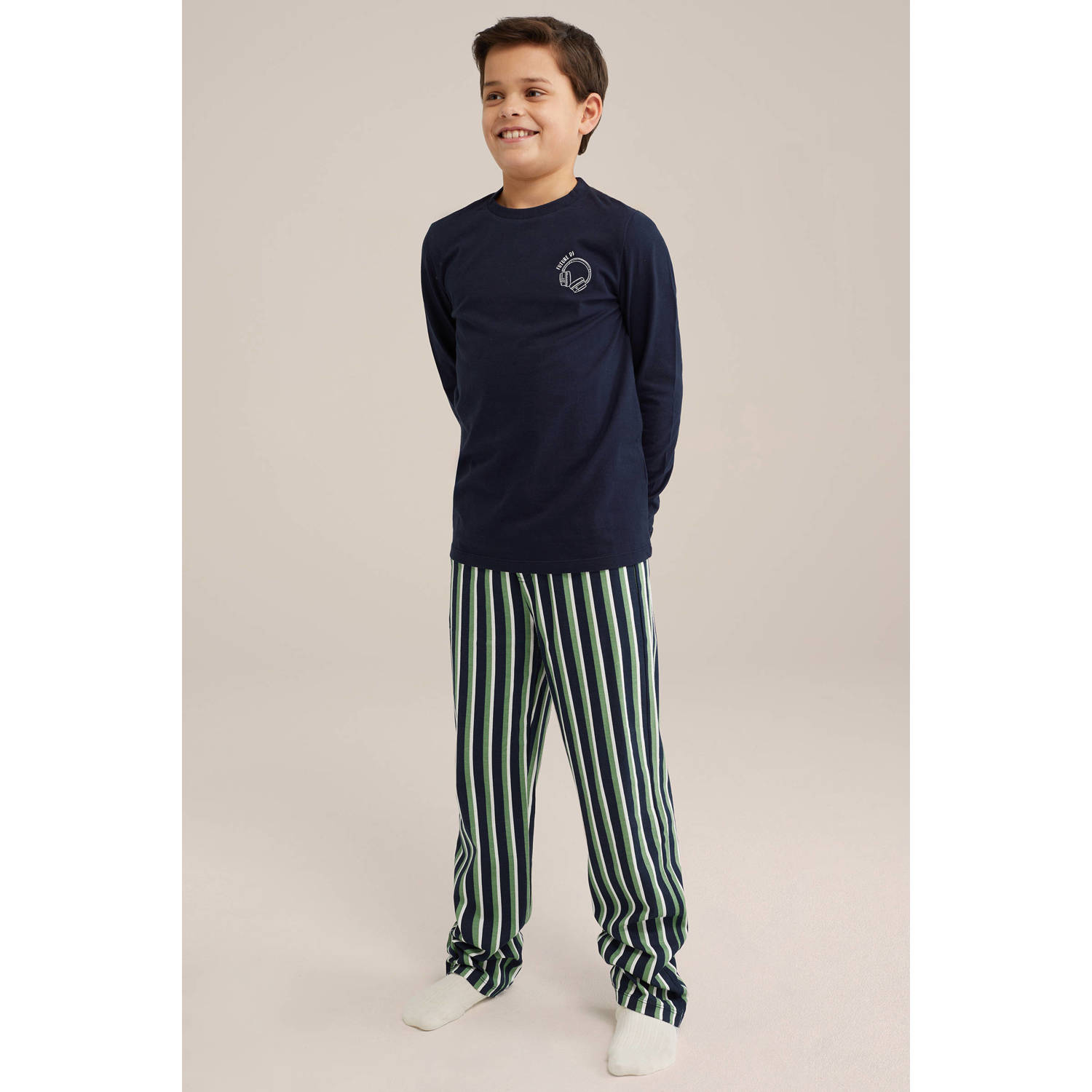 WE Fashion pyjamaset marineblauw groen wit