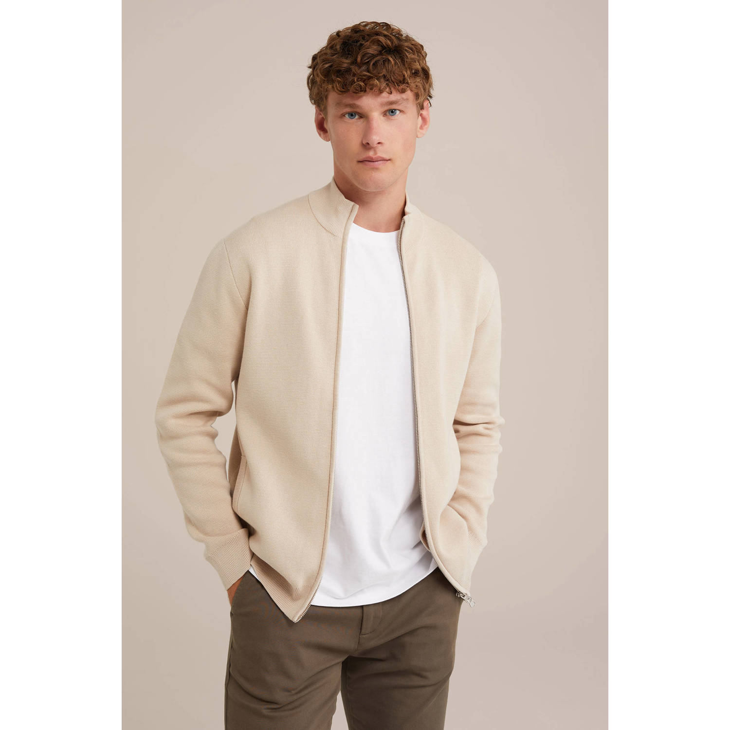 WE Fashion vest fijn gebreid beige