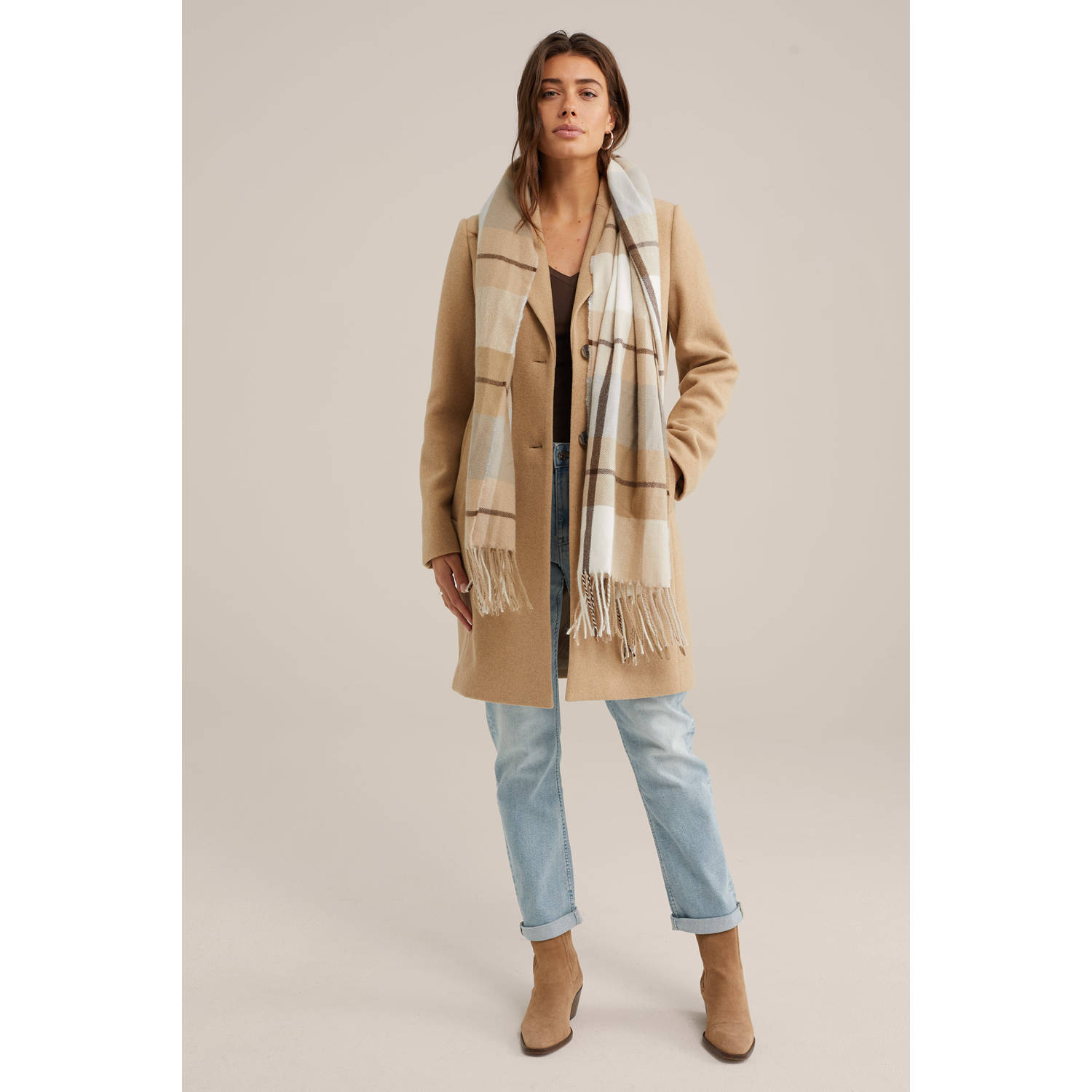 WE Fashion geruite sjaal beige