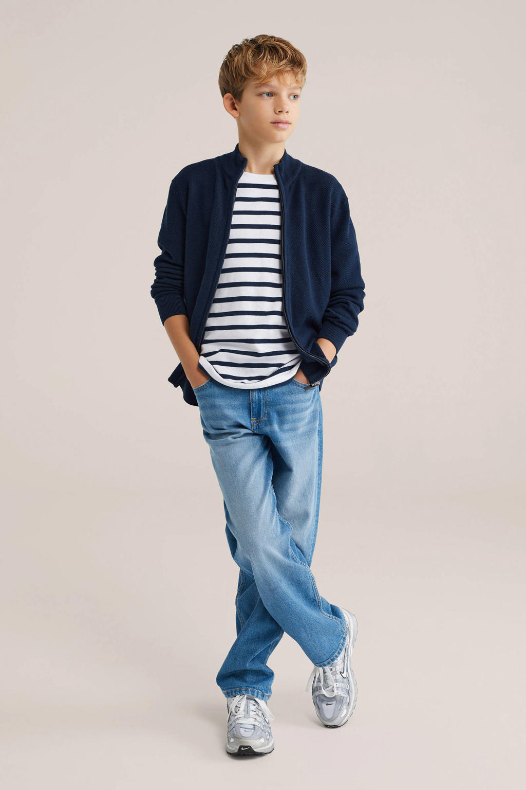 WE Fashion Blue Ridge vest donkerblauw fijn gebreid