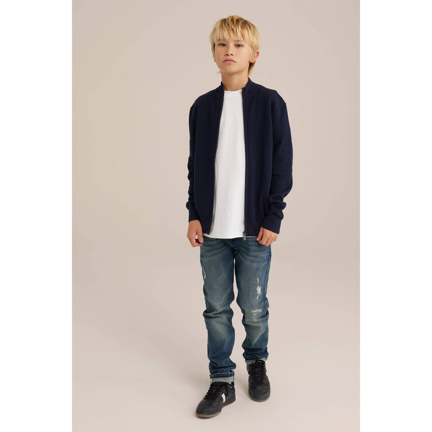 WE Fashion Blue Ridge vest donkerblauw fijn gebreid